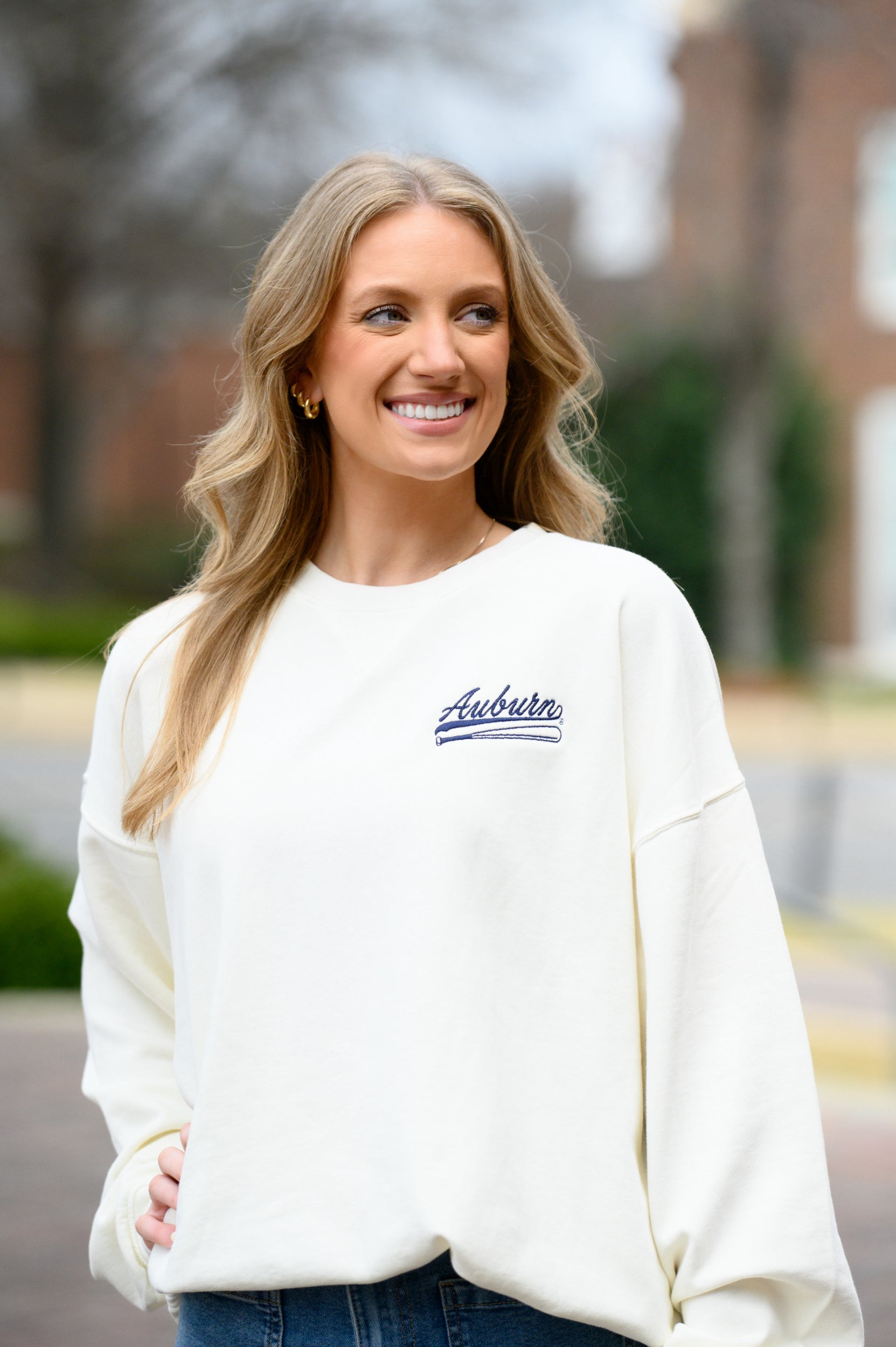 Auburn University Cream Sweatshirt with Navy “Auburn” script and baseball bat embroidery