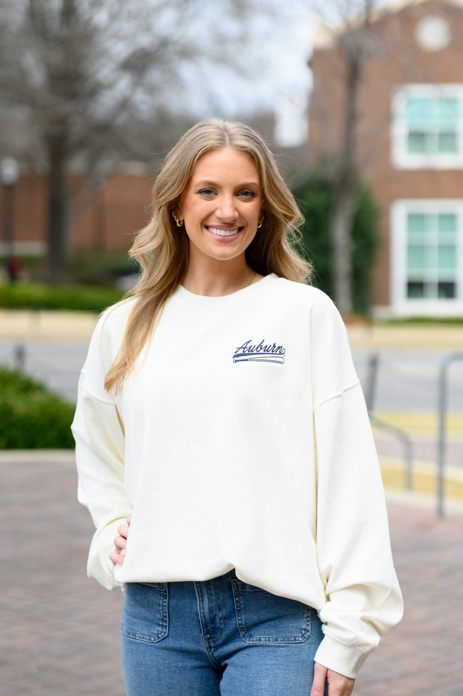 Auburn University Cream Sweatshirt with Navy “Auburn” script and baseball bat embroidery
