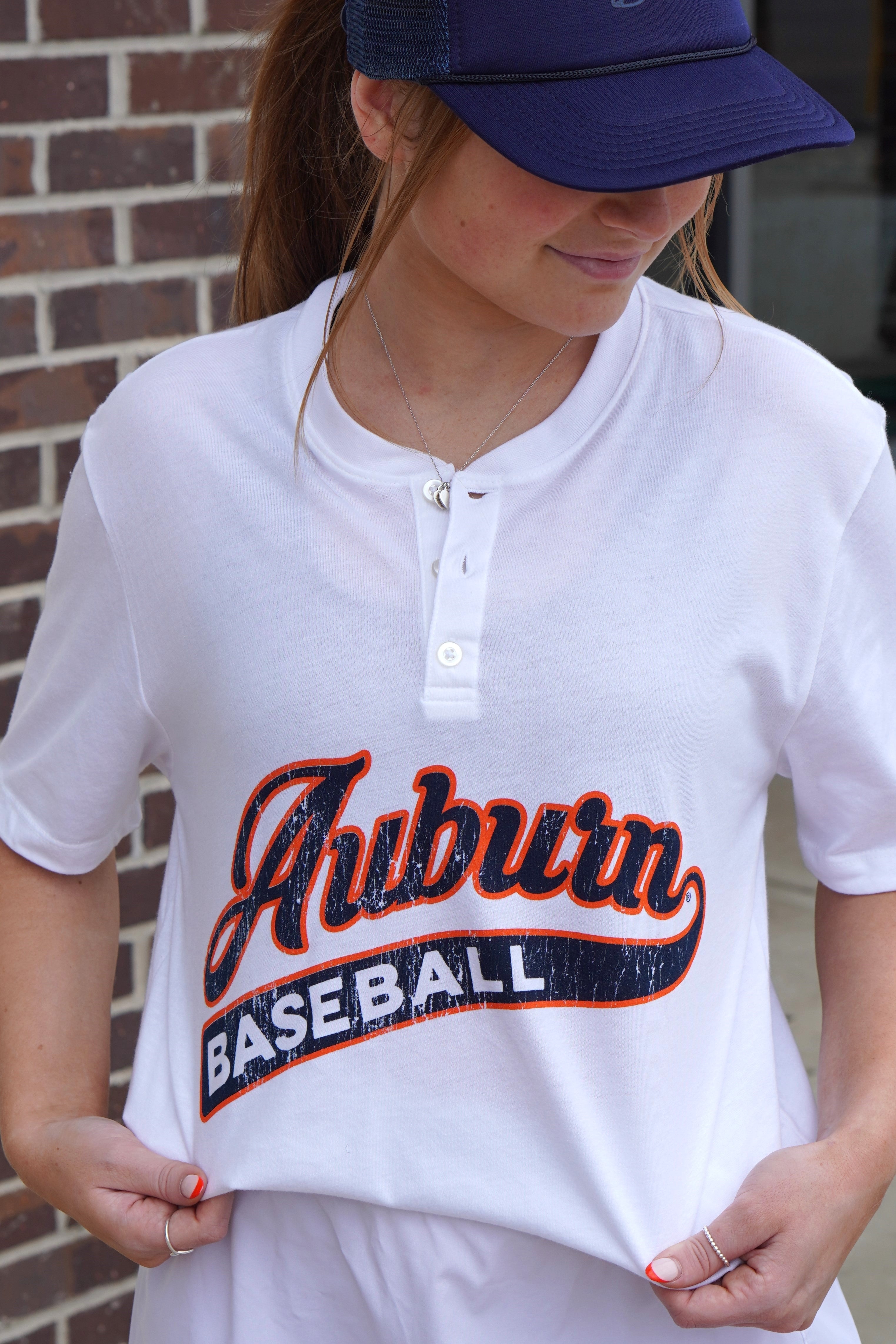 Auburn University Auburn Baseball White Ladies' Henley with Navy script "Auburn" and white text "BASEBALL" inside of the script tail