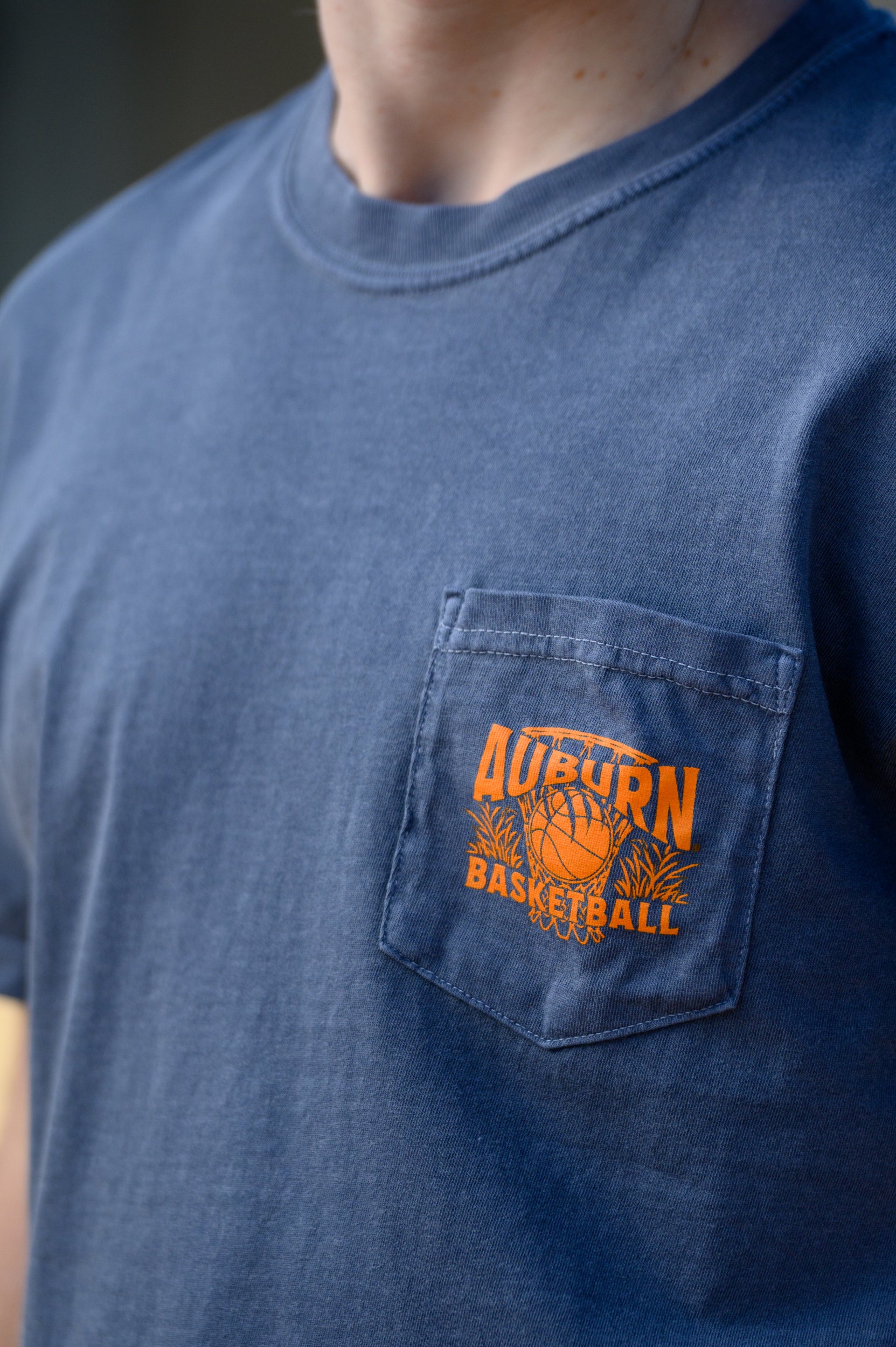 Auburn University Navy T-Shirt with Orange "Auburn Basketball" front pocket design