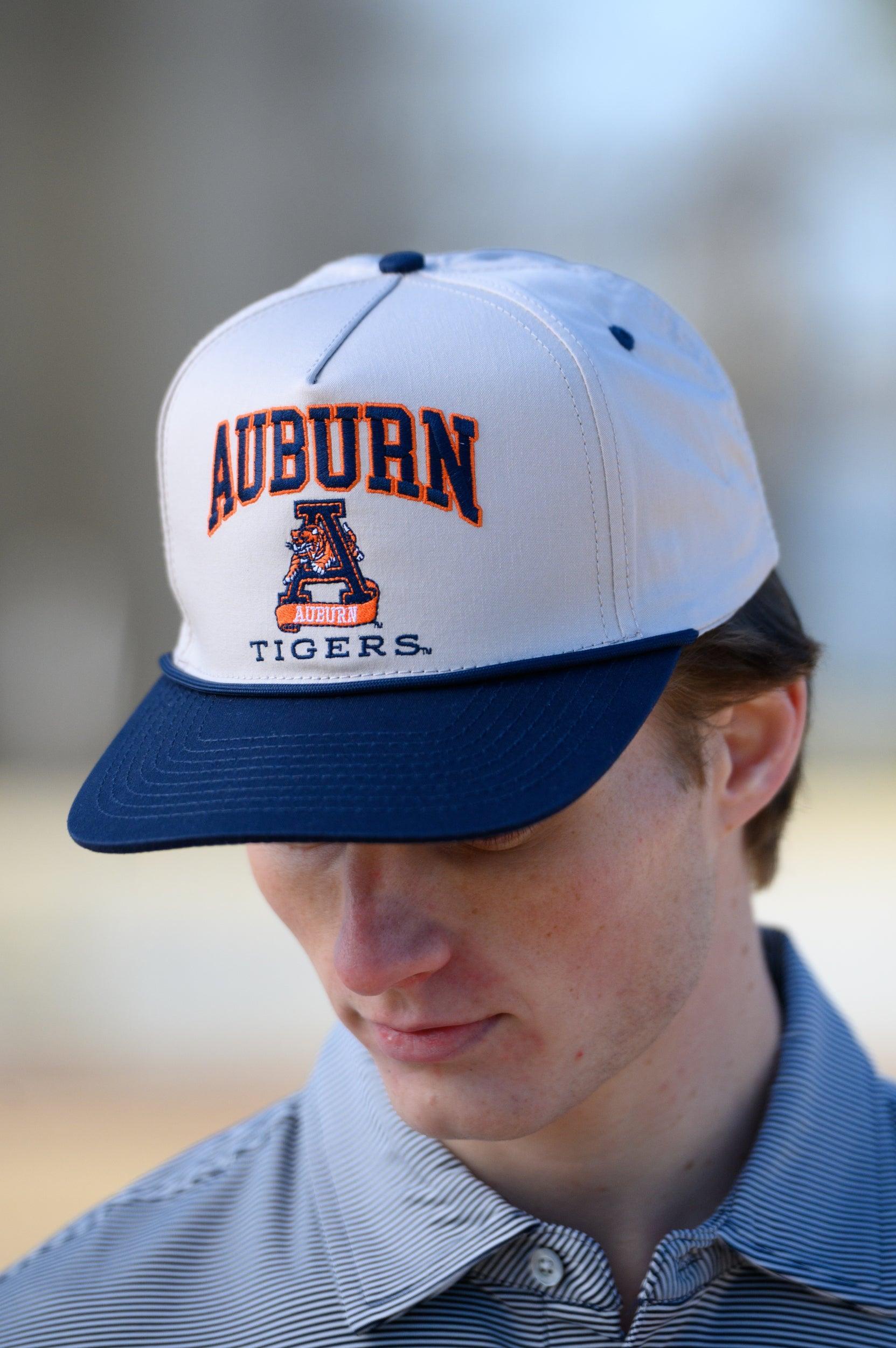 Auburn University White and Navy Rope Hat with the Leaping Tiger logo under Navy text "Auburn"