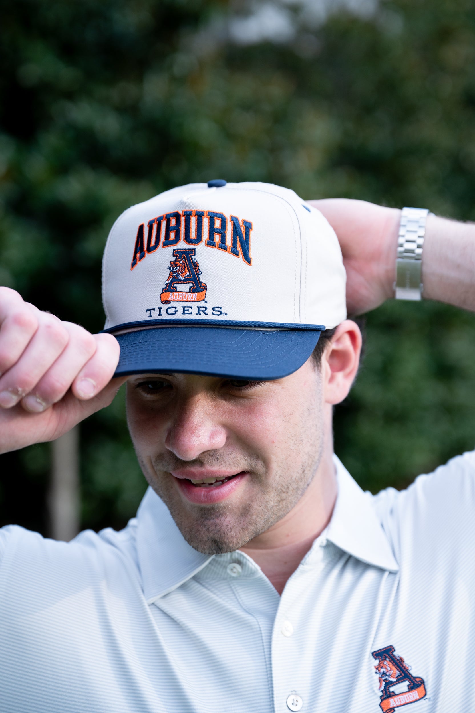 Auburn University White and Navy Rope Hat with the Leaping Tiger logo under Navy text "Auburn"