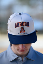 Auburn University White and Navy Rope Hat with the Leaping Tiger logo under Navy text "Auburn"