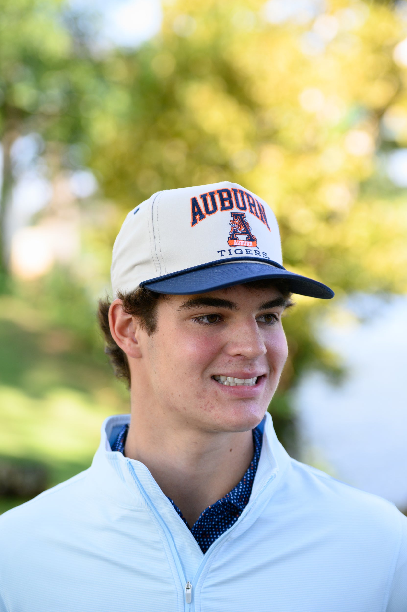 Auburn University White and Navy Rope Hat with the Leaping Tiger logo under Navy text "Auburn"