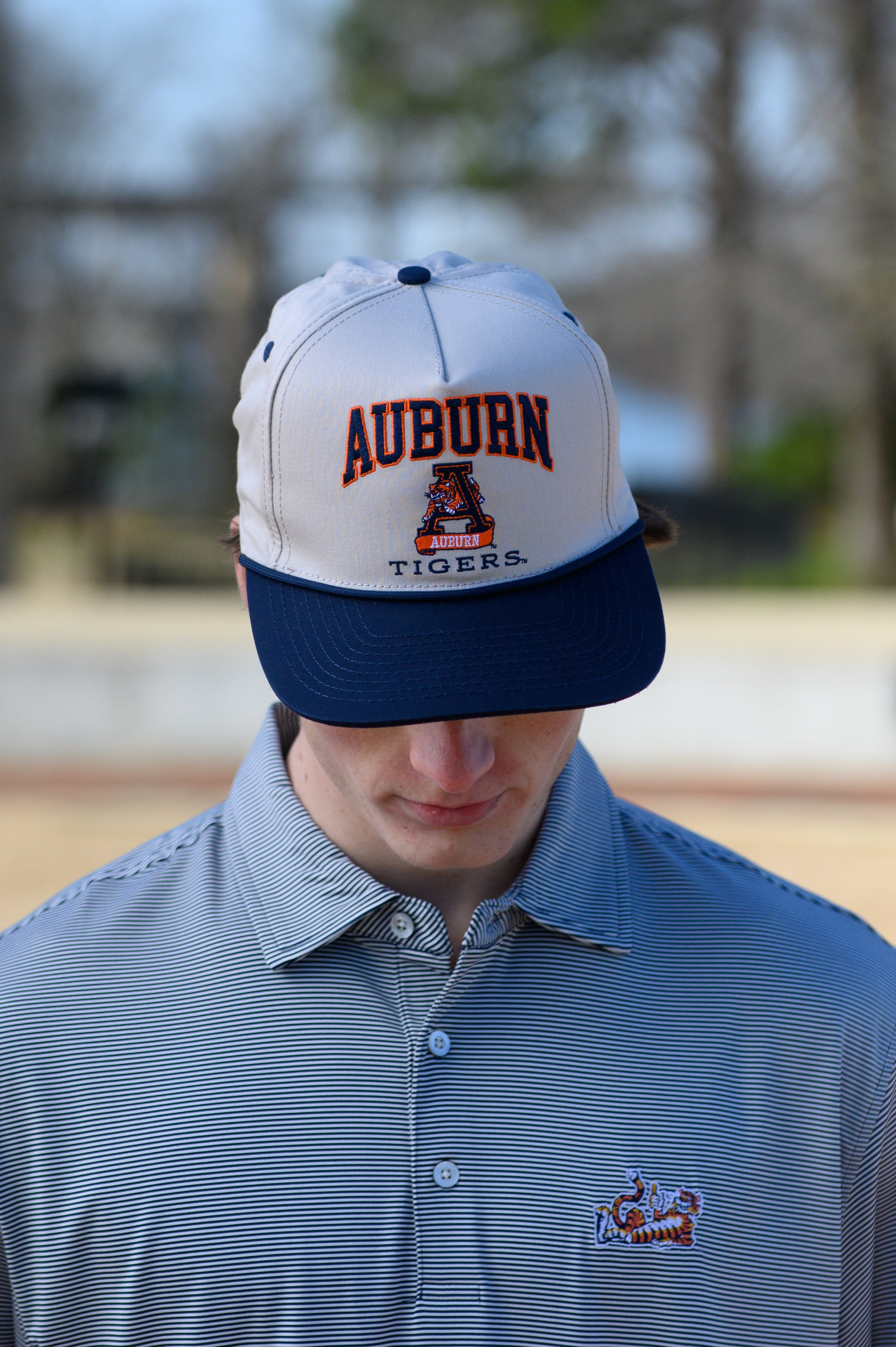 Auburn University White and Navy Rope Hat with the Leaping Tiger logo under Navy text "Auburn"