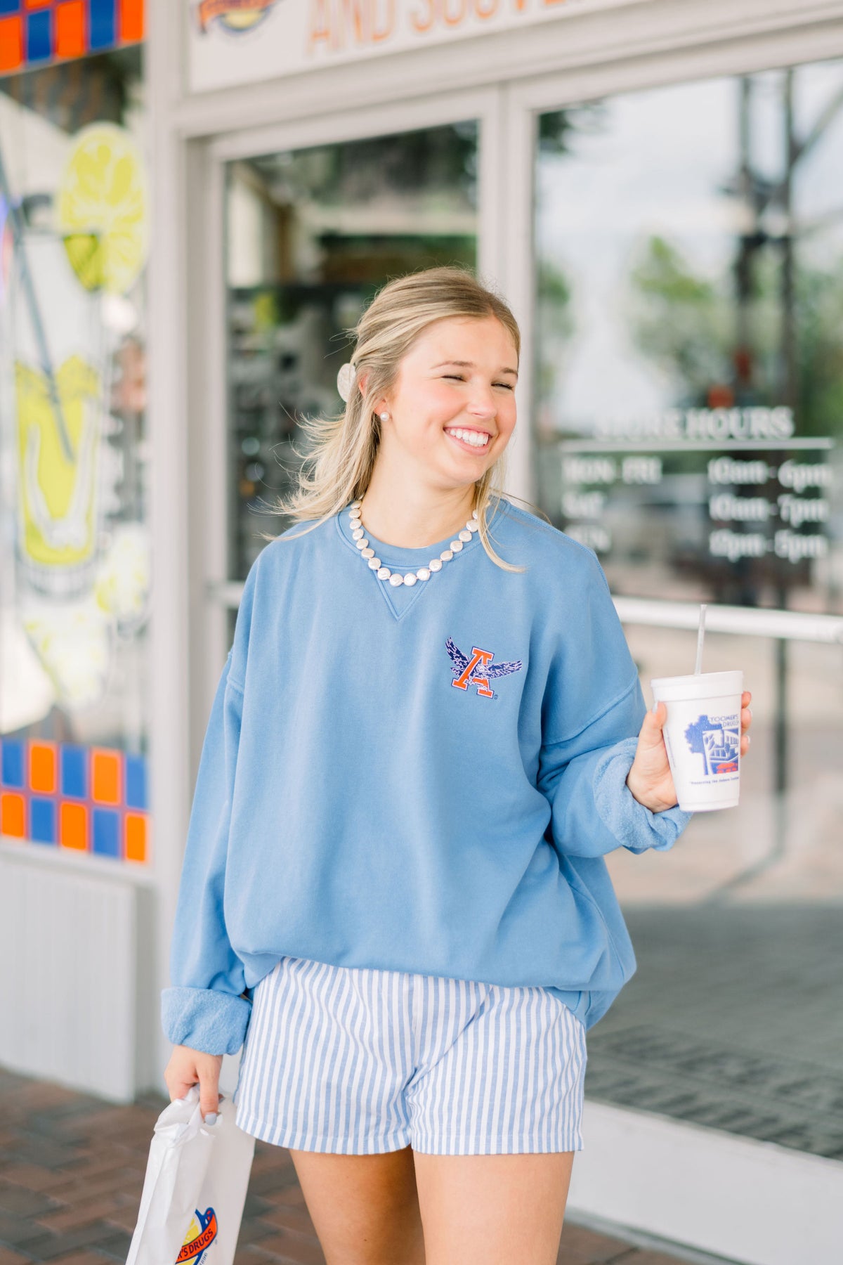 Auburn University Bright Blue Crewneck with Auburn Eagle logo embroidery