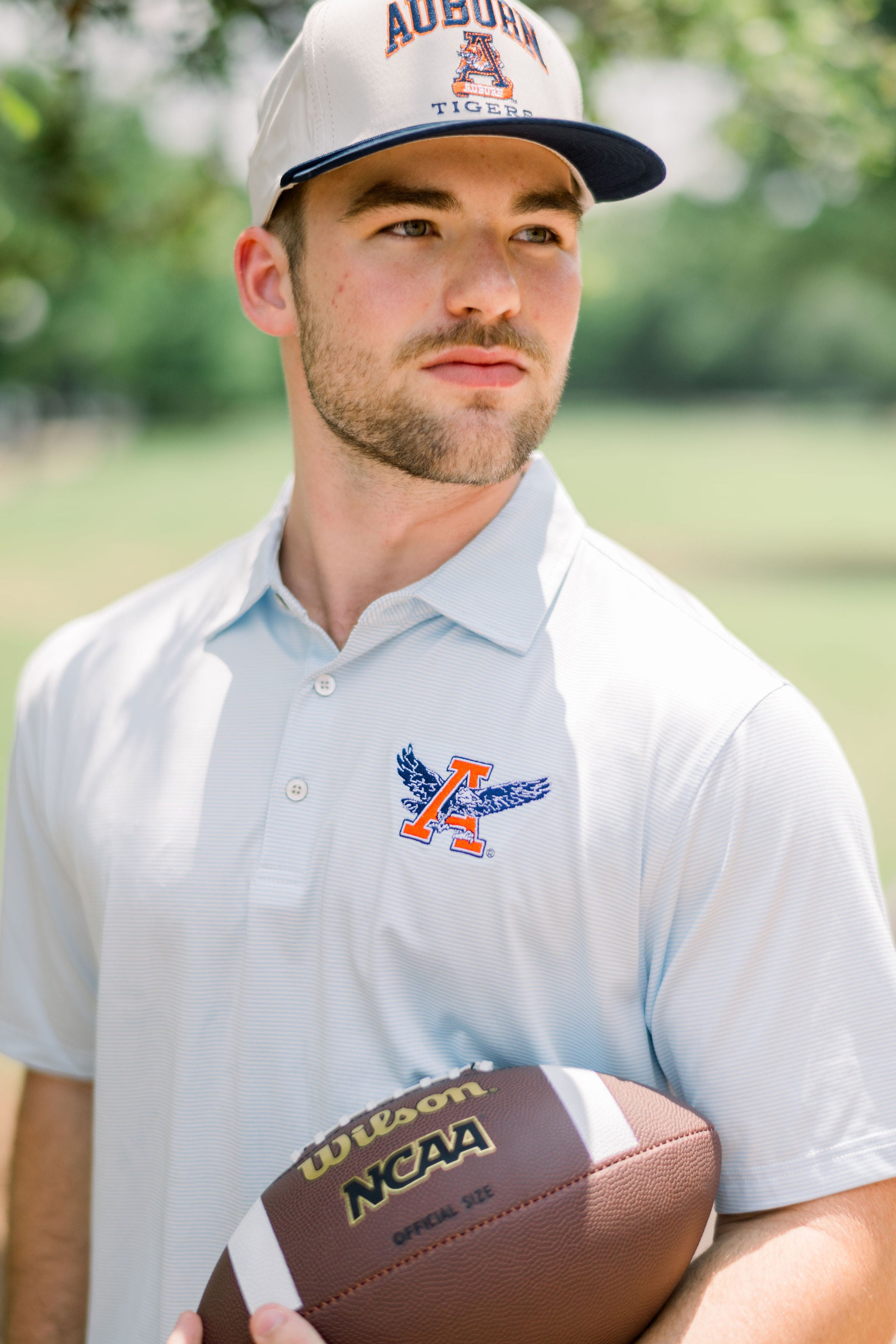 Auburn University Men’s Light Blue Stripe Polo with Auburn Eagle Logo embroidery