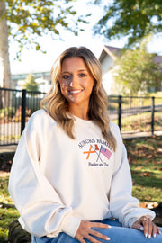 Auburn University Cream Sweatshirt with Navy text “Auburn Family” above the state flag and American flag crossed under the Block Auburn A 