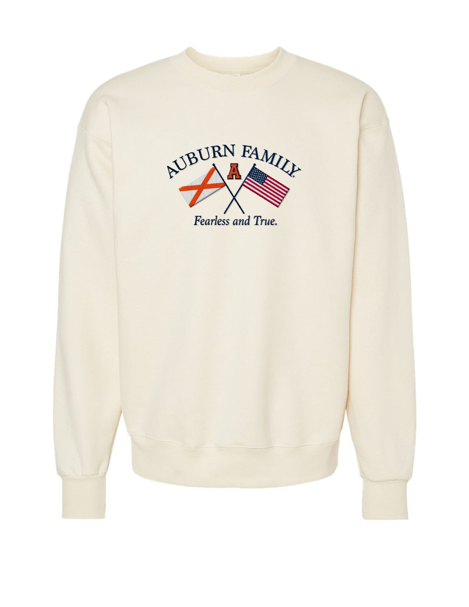Auburn University Cream Sweatshirt with Navy text “Auburn Family” above the state flag and American flag crossed under the Block Auburn A 
