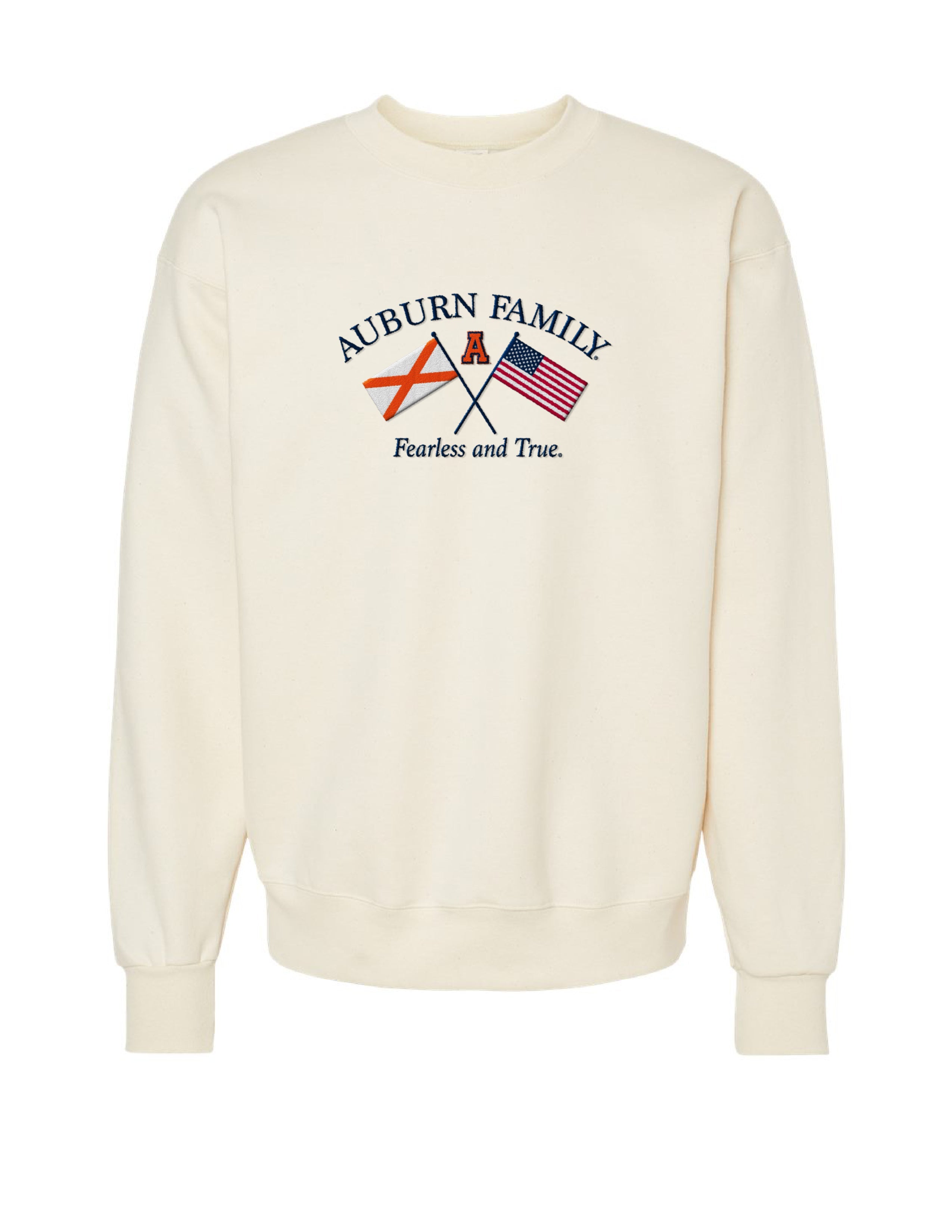 Auburn University Cream Sweatshirt with Navy text “Auburn Family” above the state flag and American flag crossed under the Block Auburn A 