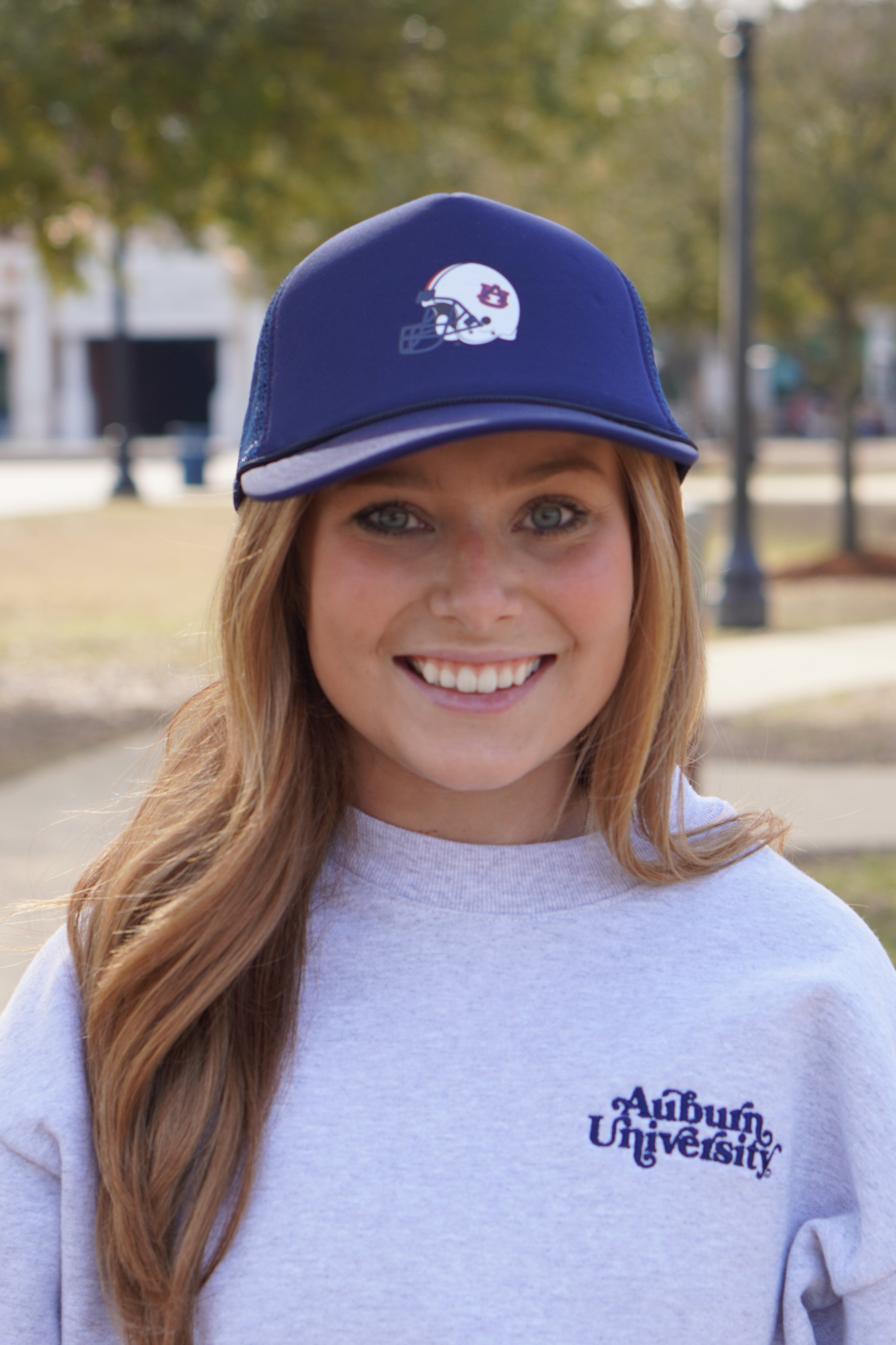 Auburn University Navy Foam Trucker Hat with a White Auburn Football Helmet