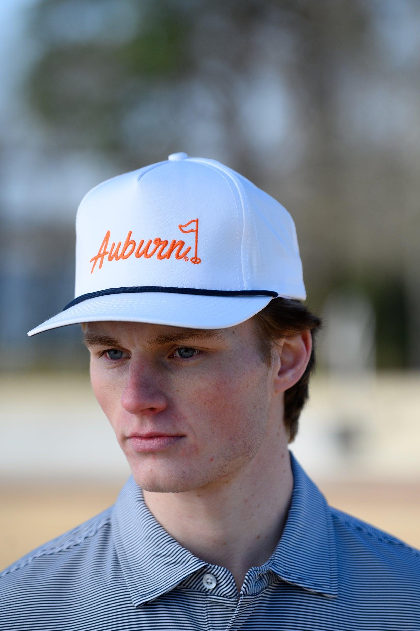 Auburn University White Rope Hat with a Blue rope and Orange "Auburn" embroidery with a golf flag at the end