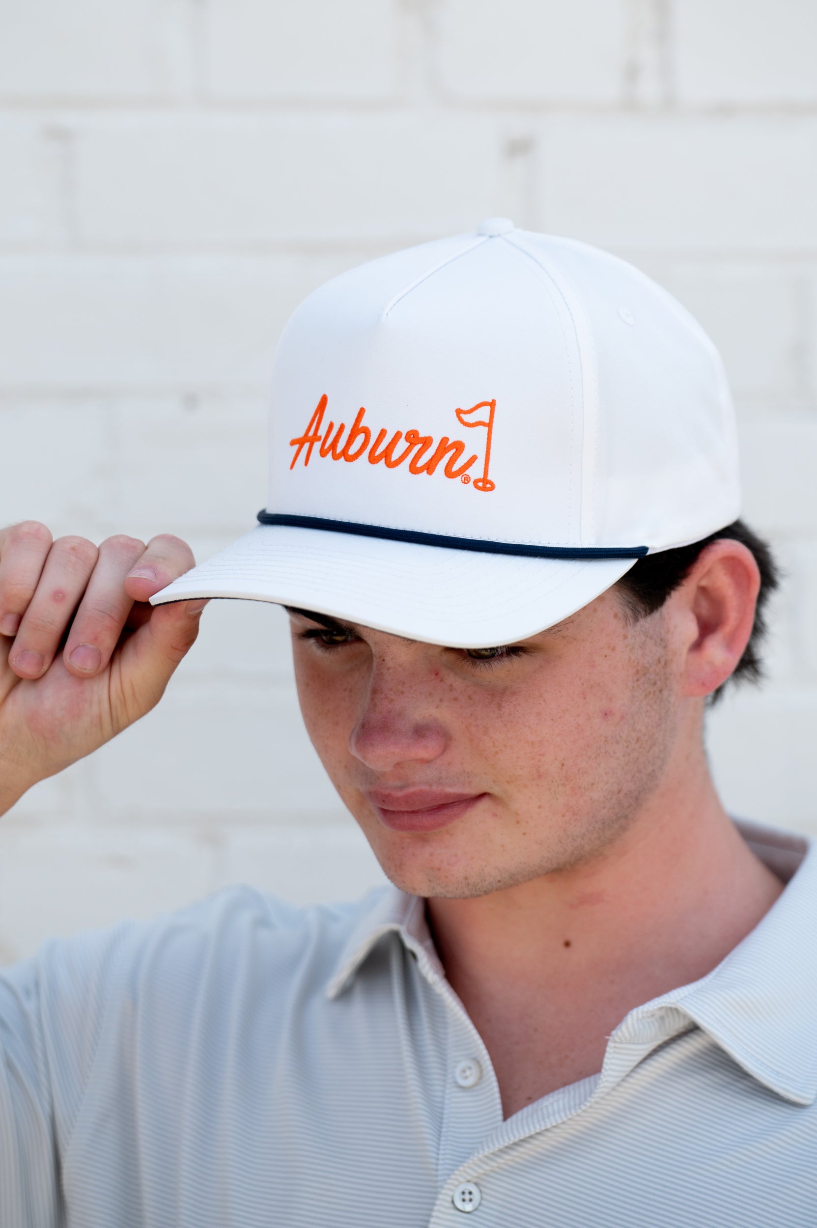Auburn University White Rope Hat with a Blue rope and Orange "Auburn" embroidery with a golf flag at the end