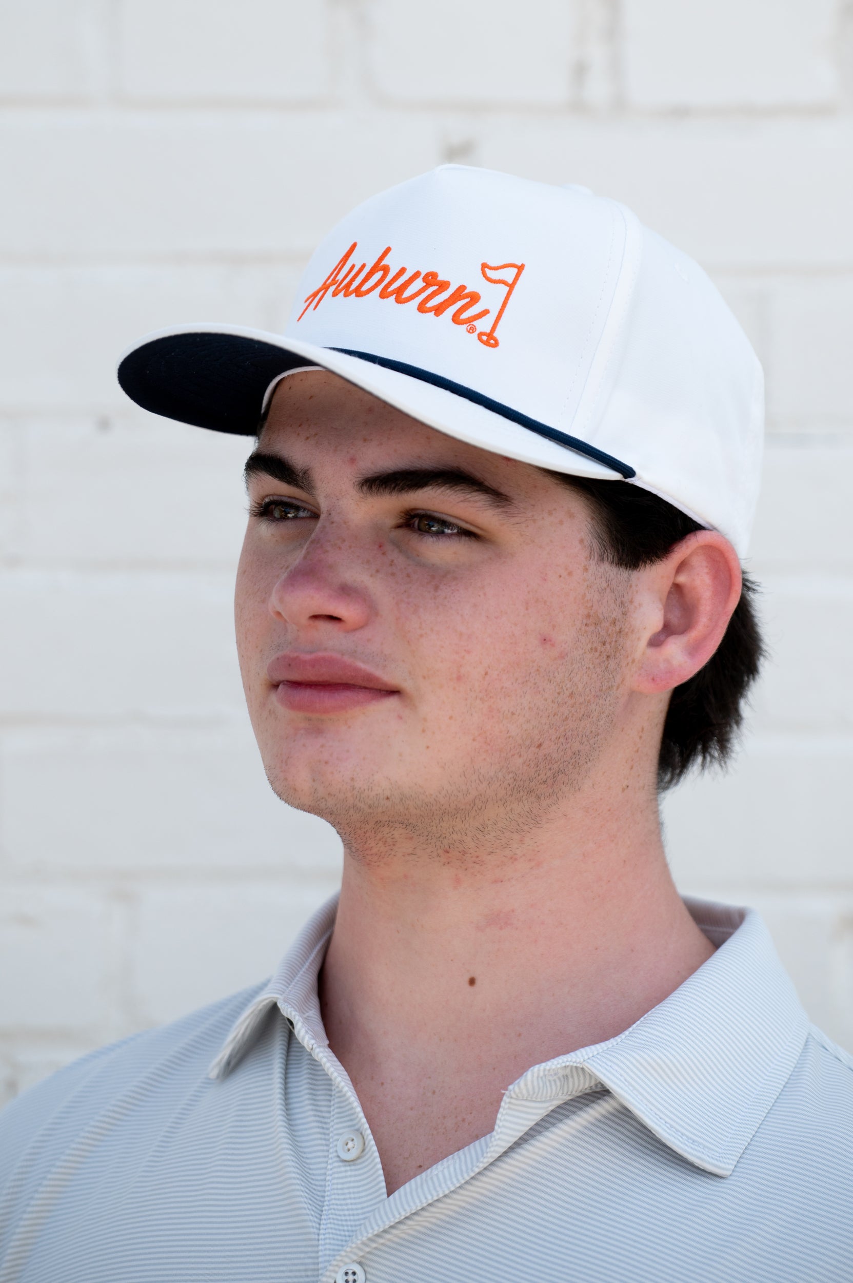 Auburn University White Rope Hat with a Blue rope and Orange "Auburn" embroidery with a golf flag at the end