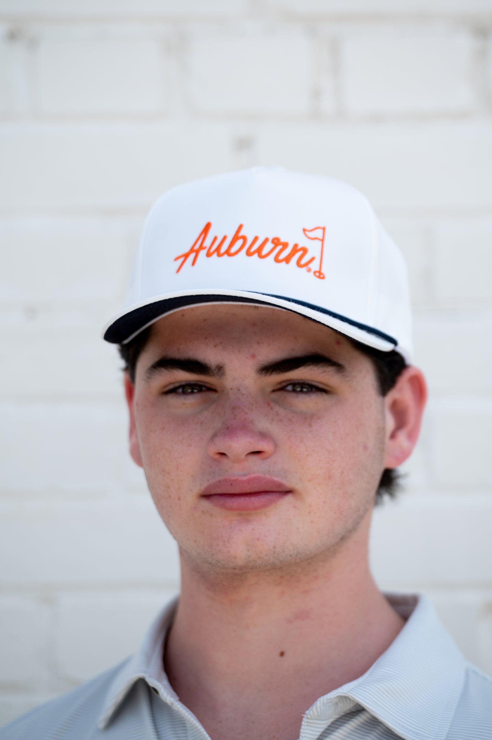 Auburn University White Rope Hat with a Blue rope and Orange "Auburn" embroidery with a golf flag at the end