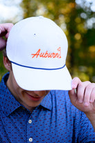 Auburn University White Rope Hat with a Blue rope and Orange "Auburn" embroidery with a golf flag at the end