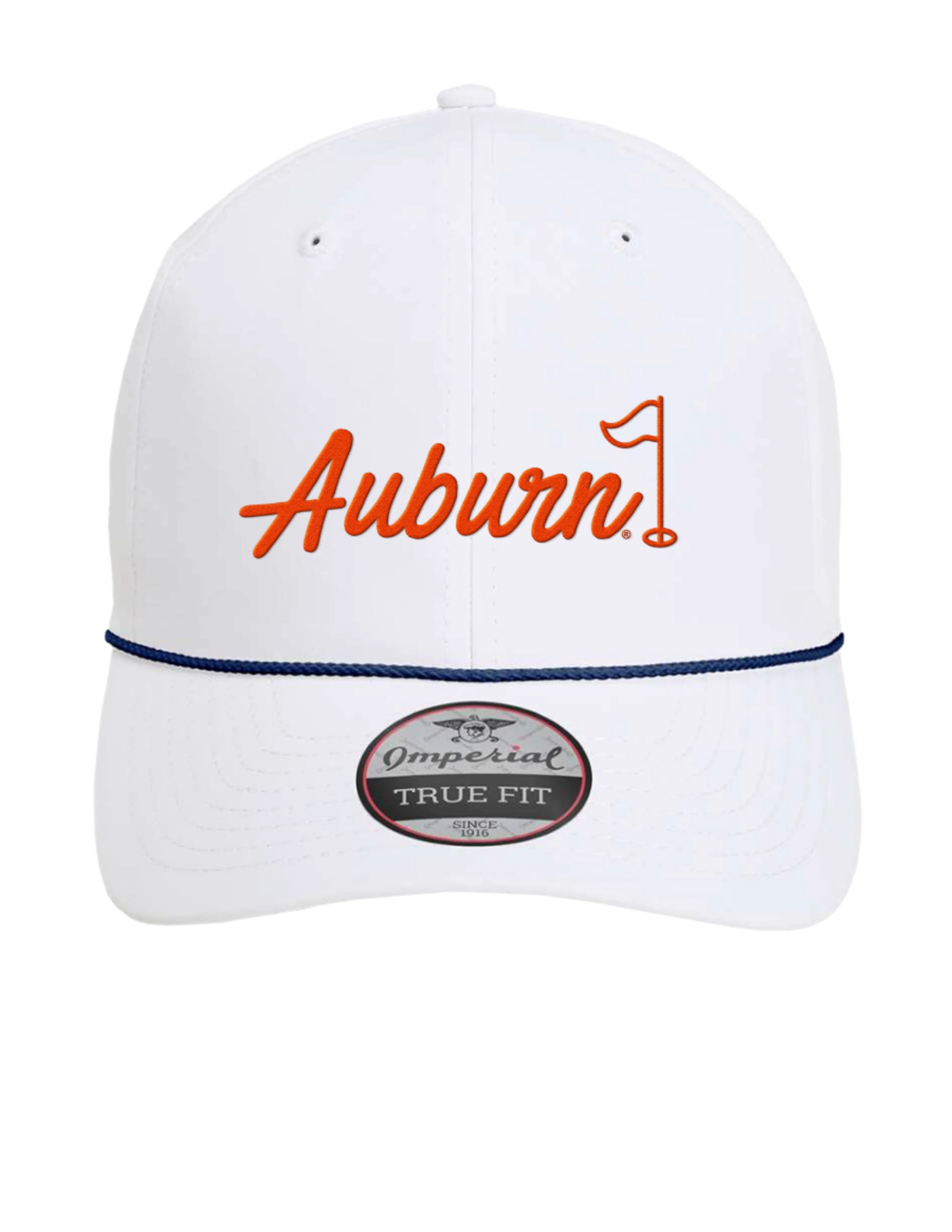 Auburn University White Rope Hat with a Blue rope and Orange "Auburn" embroidery with a golf flag at the end