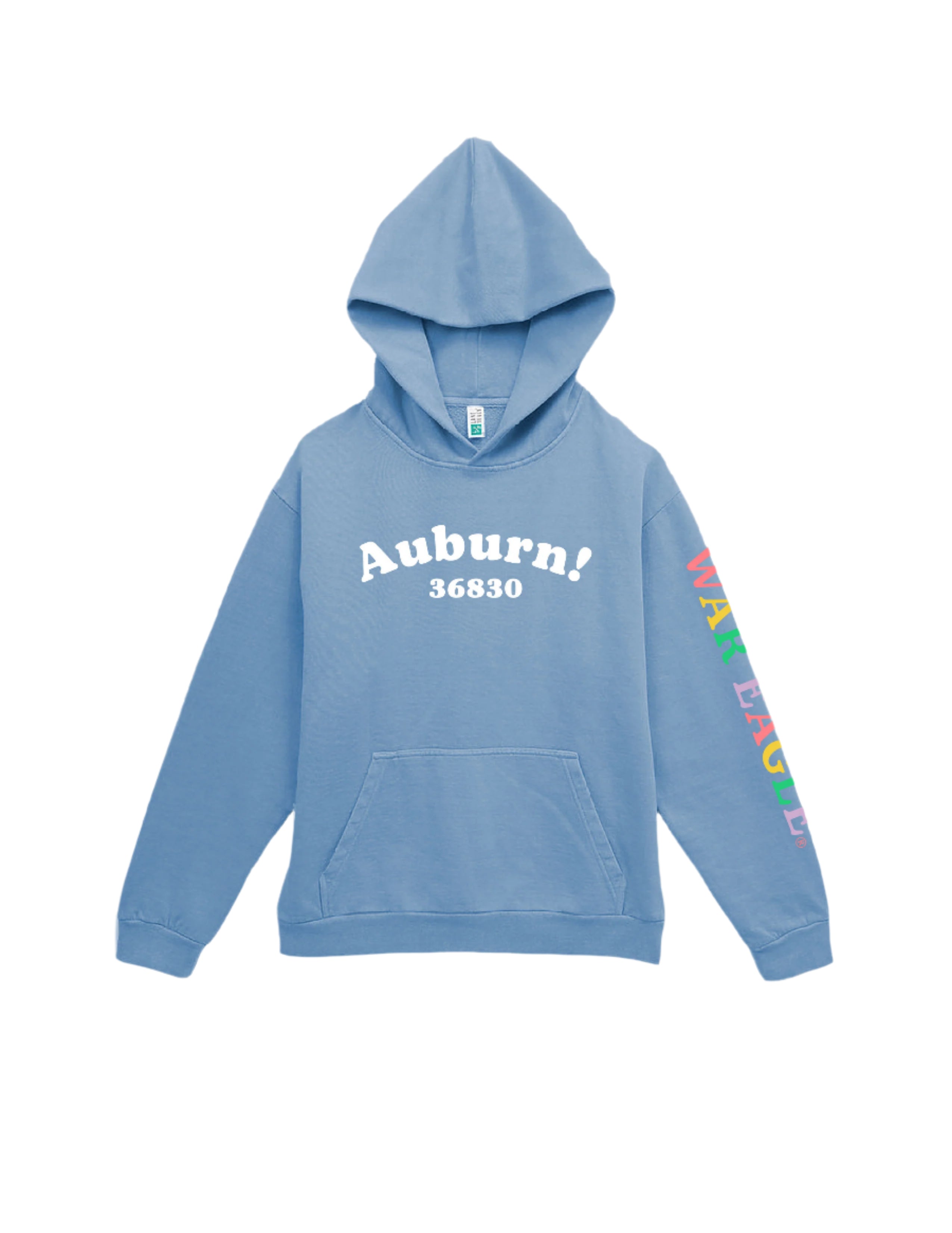 Auburn University Auburn Happy Blue Lane Seven Ladies Hoodie with White text "Auburn" above the Auburn zip code "36830" (Front)| colorful "War Eagle" (Sleeve)
