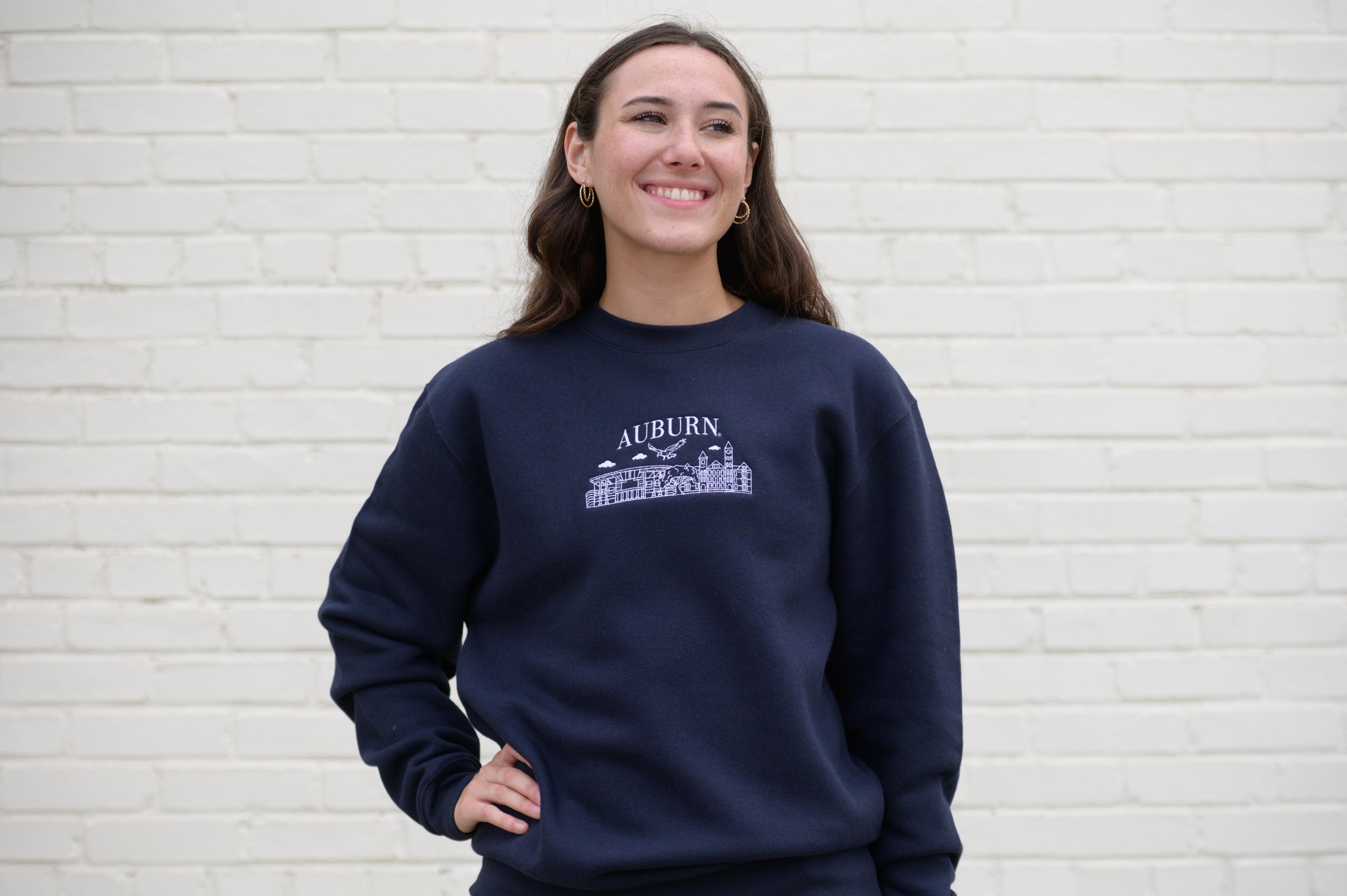 Auburn University Auburn Landmarks Navy Lane Seven Ladies' Sweatshirt with White embroidery of Auburn landmarks under text "Auburn"