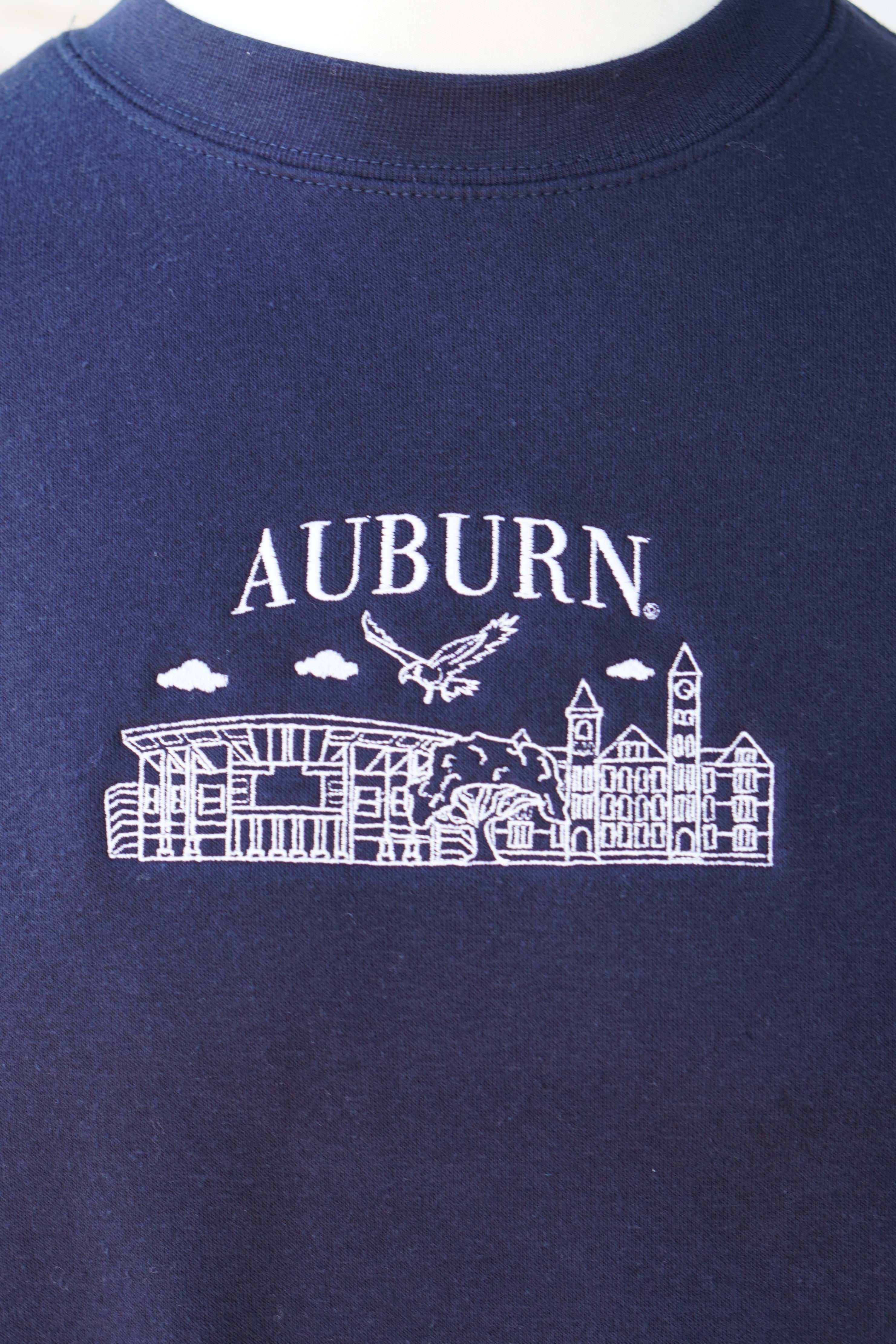 Auburn University Auburn Landmarks Navy Lane Seven Ladies' Sweatshirt with White embroidery of Auburn landmarks under text "Auburn"