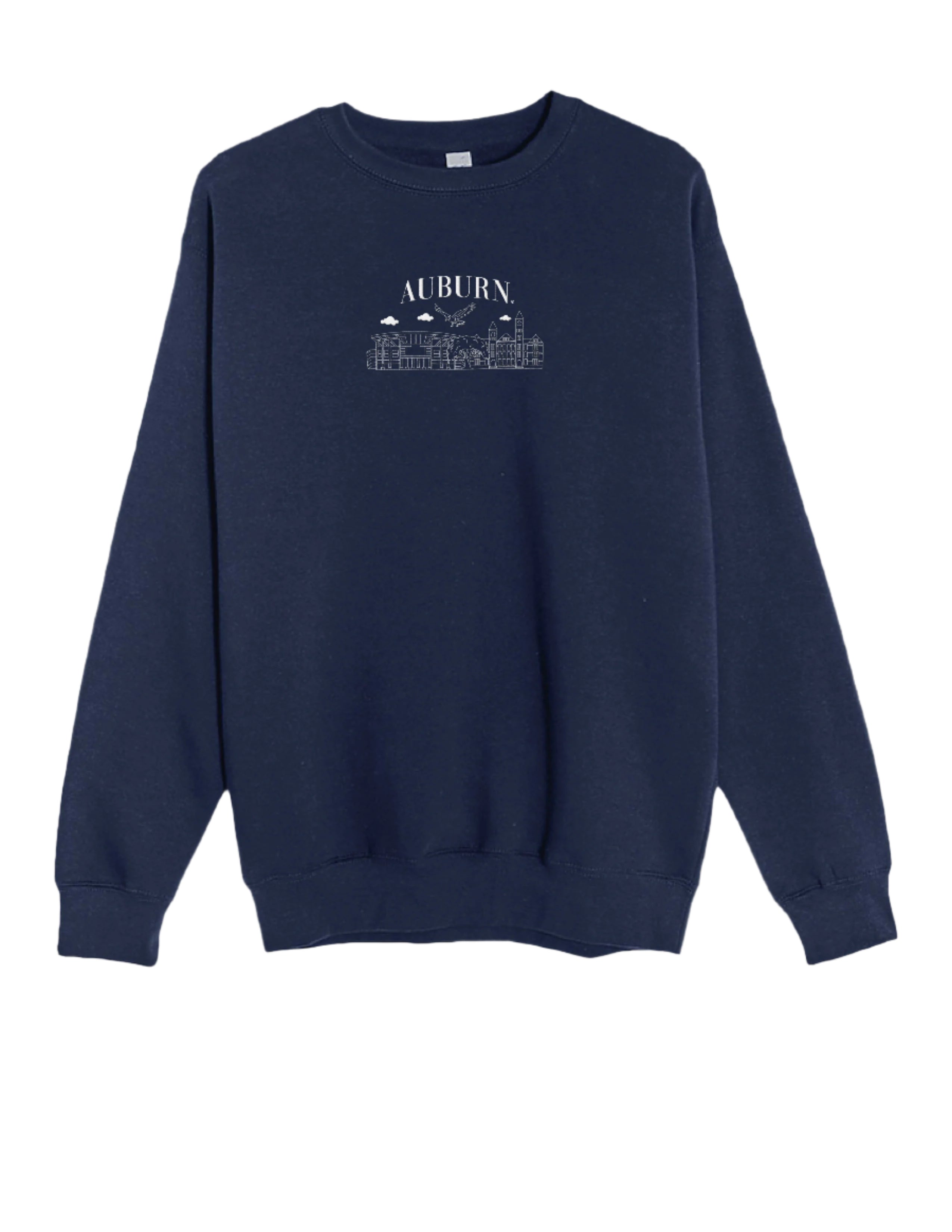 Auburn University Auburn Landmarks Navy Lane Seven Ladies' Sweatshirt with White embroidery of Auburn landmarks under text "Auburn"