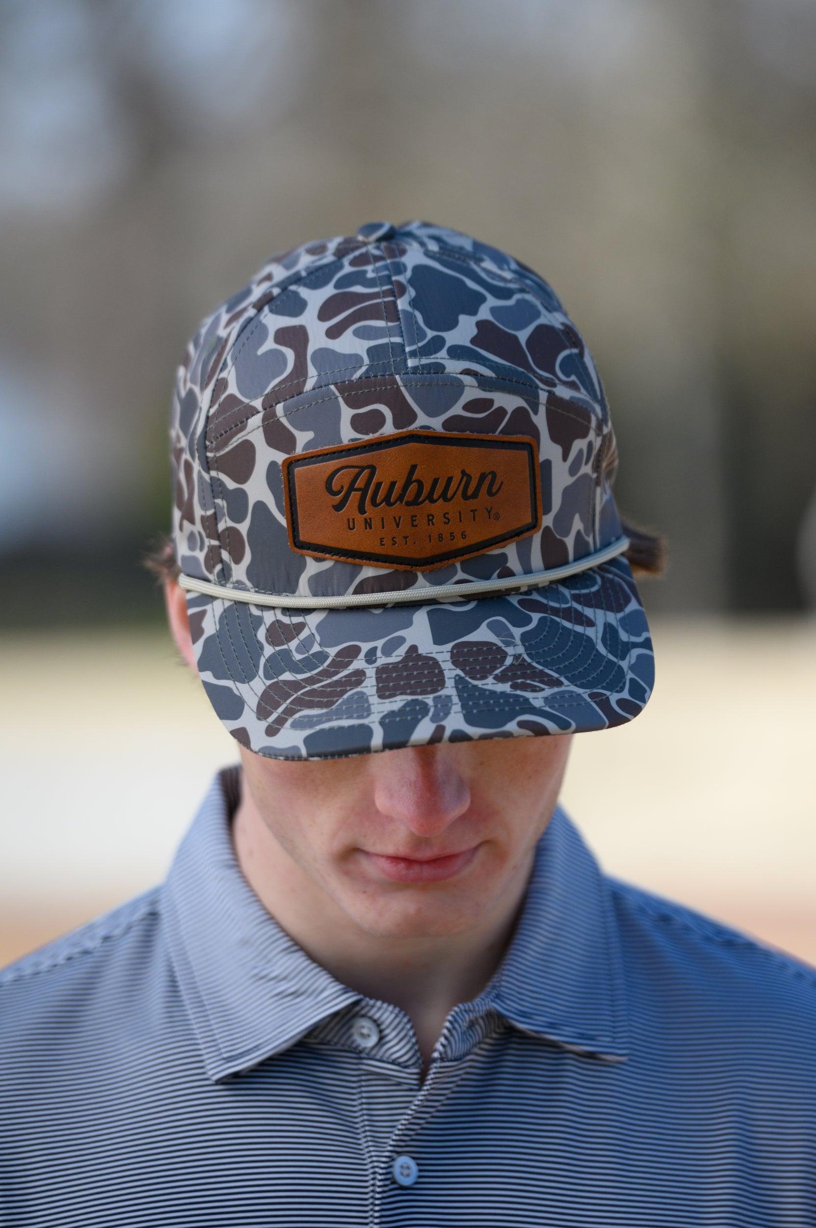 Auburn University Auburn Leather Patch Hat Duck Camo JNJ 7-Panel Hat with White rope and Leather patch with text "Auburn University"