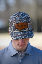 Auburn University Auburn Leather Patch Hat Duck Camo JNJ 7-Panel Hat with White rope and Leather patch with text "Auburn University"