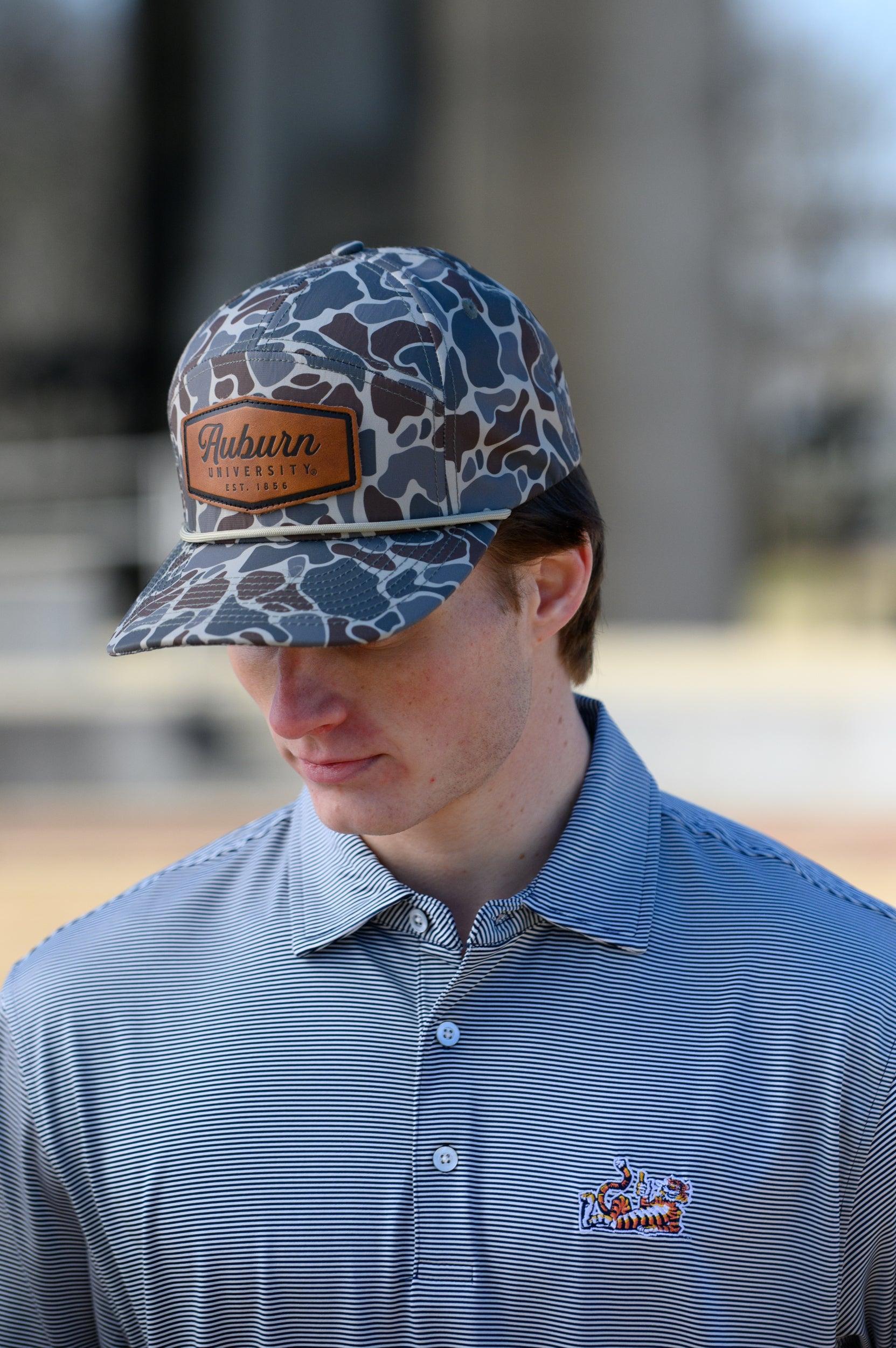 Auburn University Auburn Leather Patch Hat Duck Camo JNJ 7-Panel Hat with White rope and Leather patch with text "Auburn University"