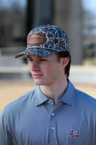 Auburn University Auburn Leather Patch Hat Duck Camo JNJ 7-Panel Hat with White rope and Leather patch with text "Auburn University"