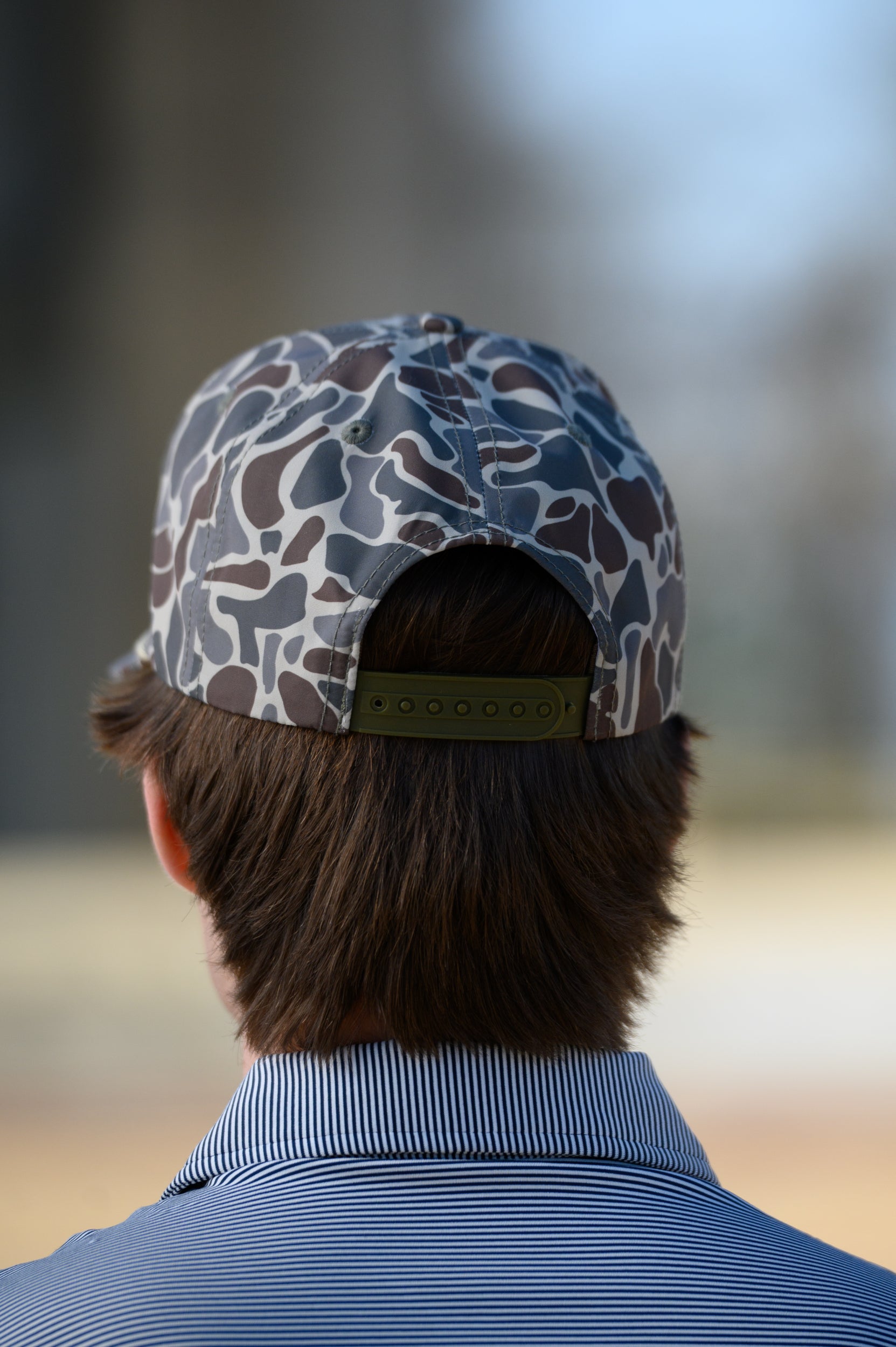 Auburn University Auburn Leather Patch Hat Duck Camo JNJ 7-Panel Hat with White rope and Leather patch with text "Auburn University"