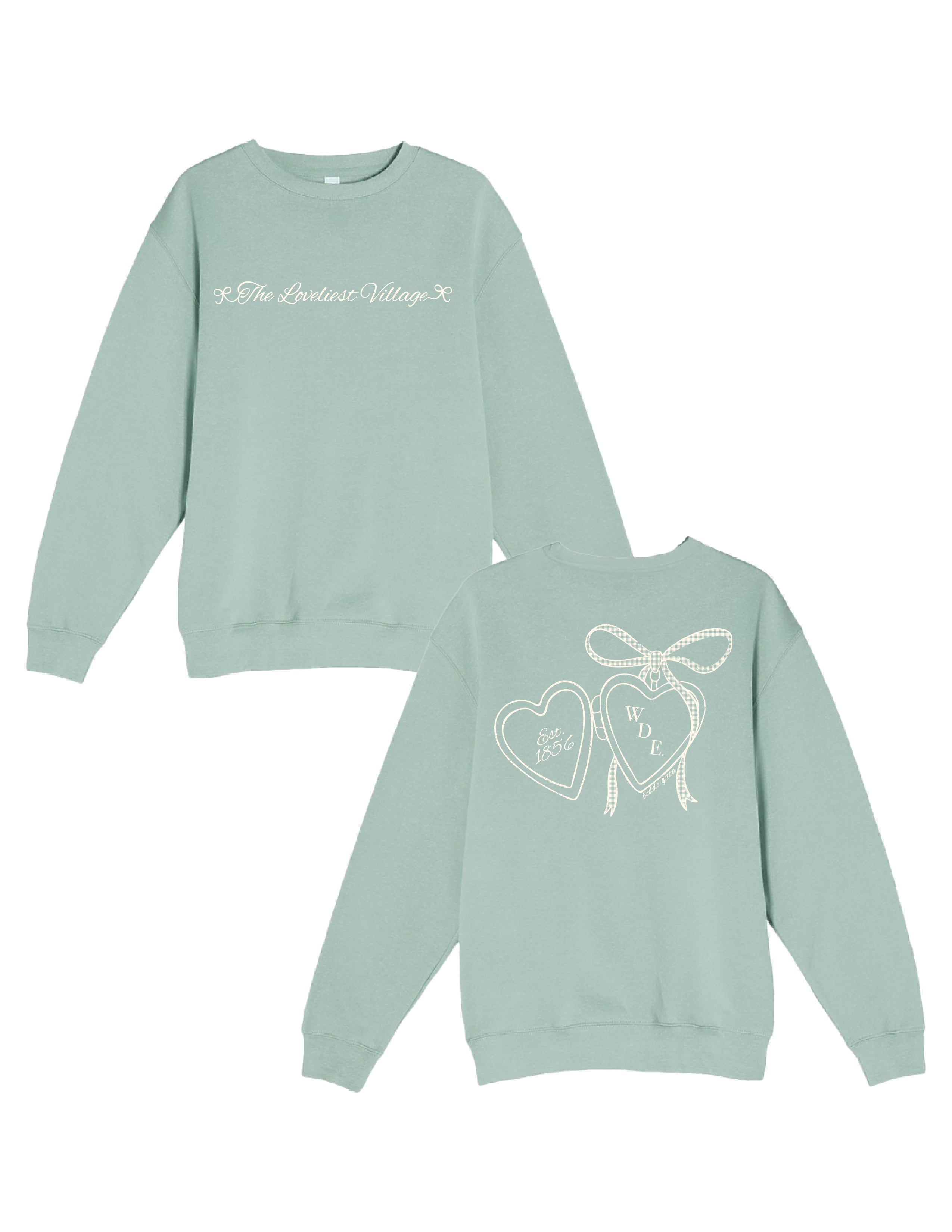 University of Alabama Seafoam Crewneck with cursive writing on the front and an open locket with the writing “Bama” inside