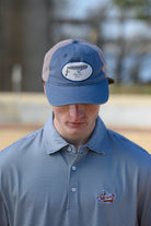 Auburn University Dusty Navy Hat featuring a patch with a tiger fishing lure with the Blue text “Auburn”