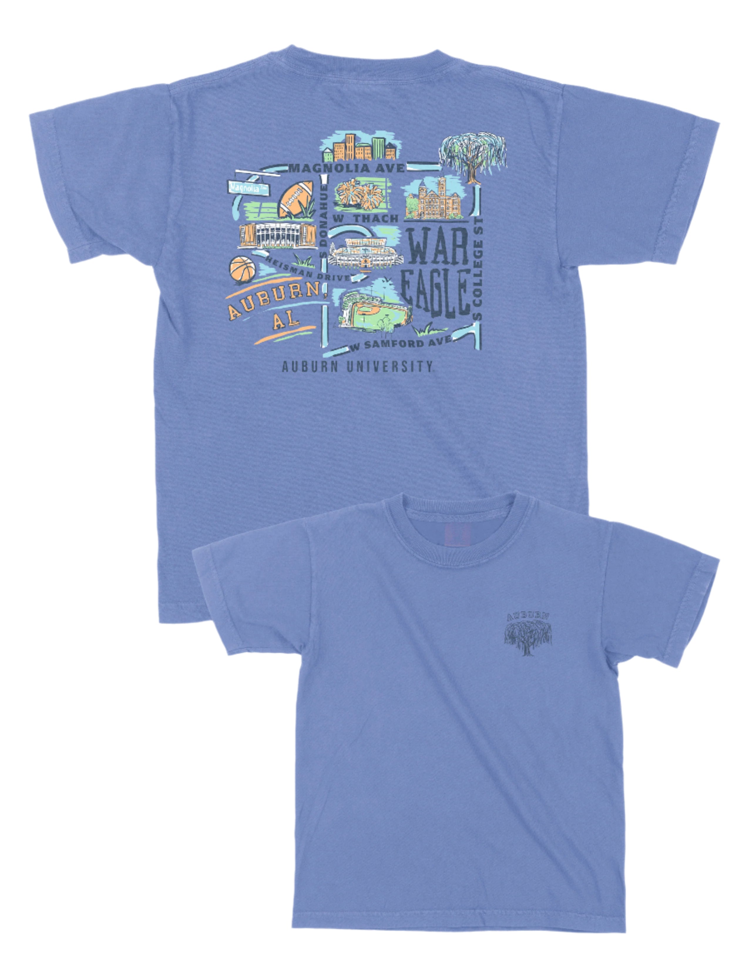 Auburn University Auburn Map Blue Comfort Colors Youth T-Shirt with a graphic map of Auburn University's landmarks (Back)