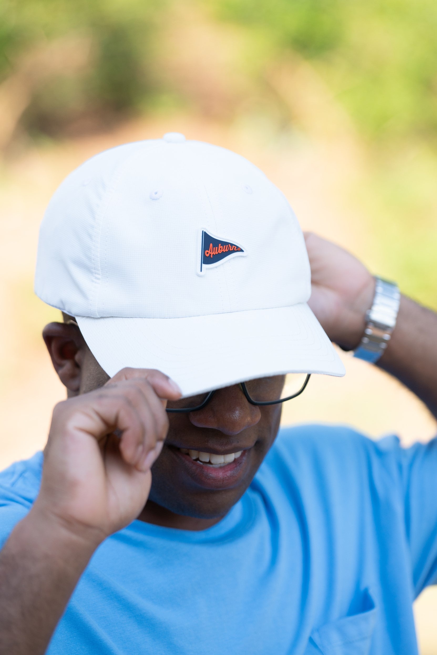 Auburn University Auburn Performance Flag Hat JNJ Fly Fit White Hat with an embroidered Navy Flag with the Orange text "Auburn" 