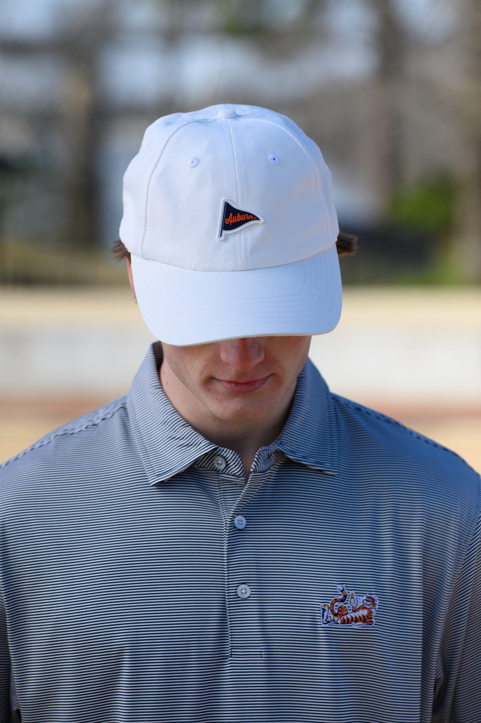 Auburn University White Hat featuring a Navy pennant flag patch with Orange script “Auburn”
