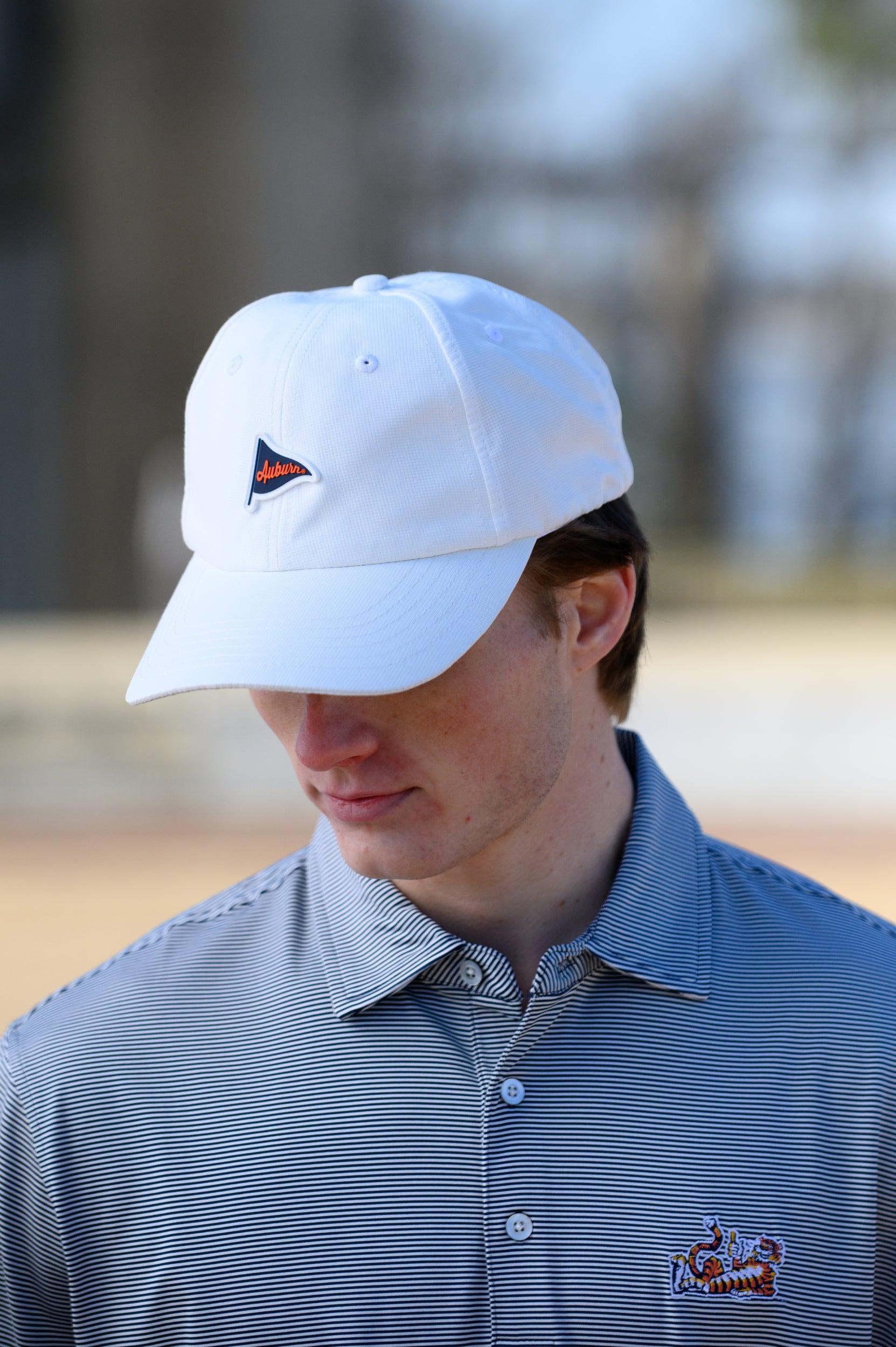 Auburn University White Hat featuring a Navy pennant flag patch with Orange script “Auburn”