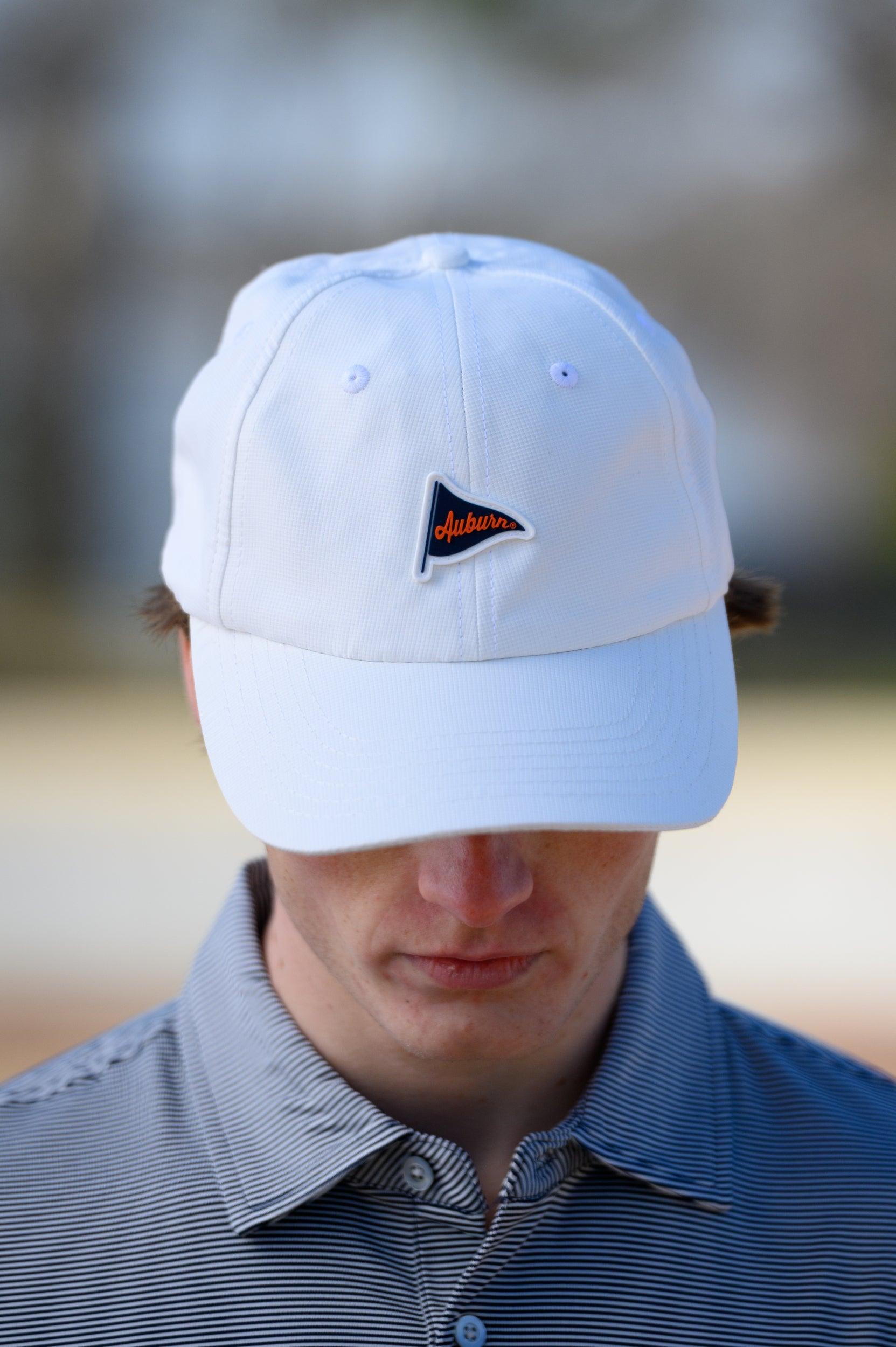 Auburn University White Hat featuring a Navy pennant flag patch with Orange script “Auburn”