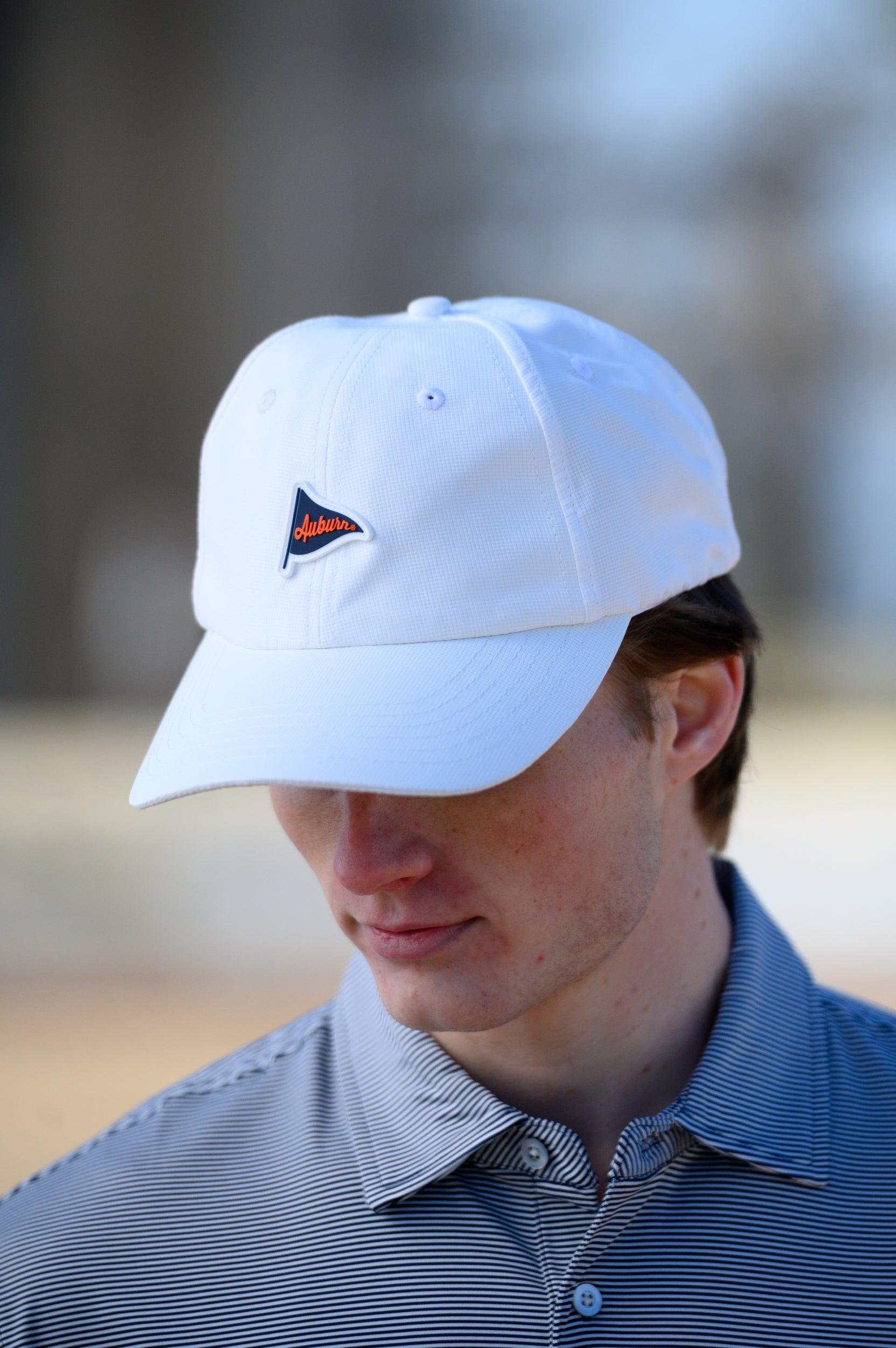 Auburn University White Hat featuring a Navy pennant flag patch with Orange script “Auburn”