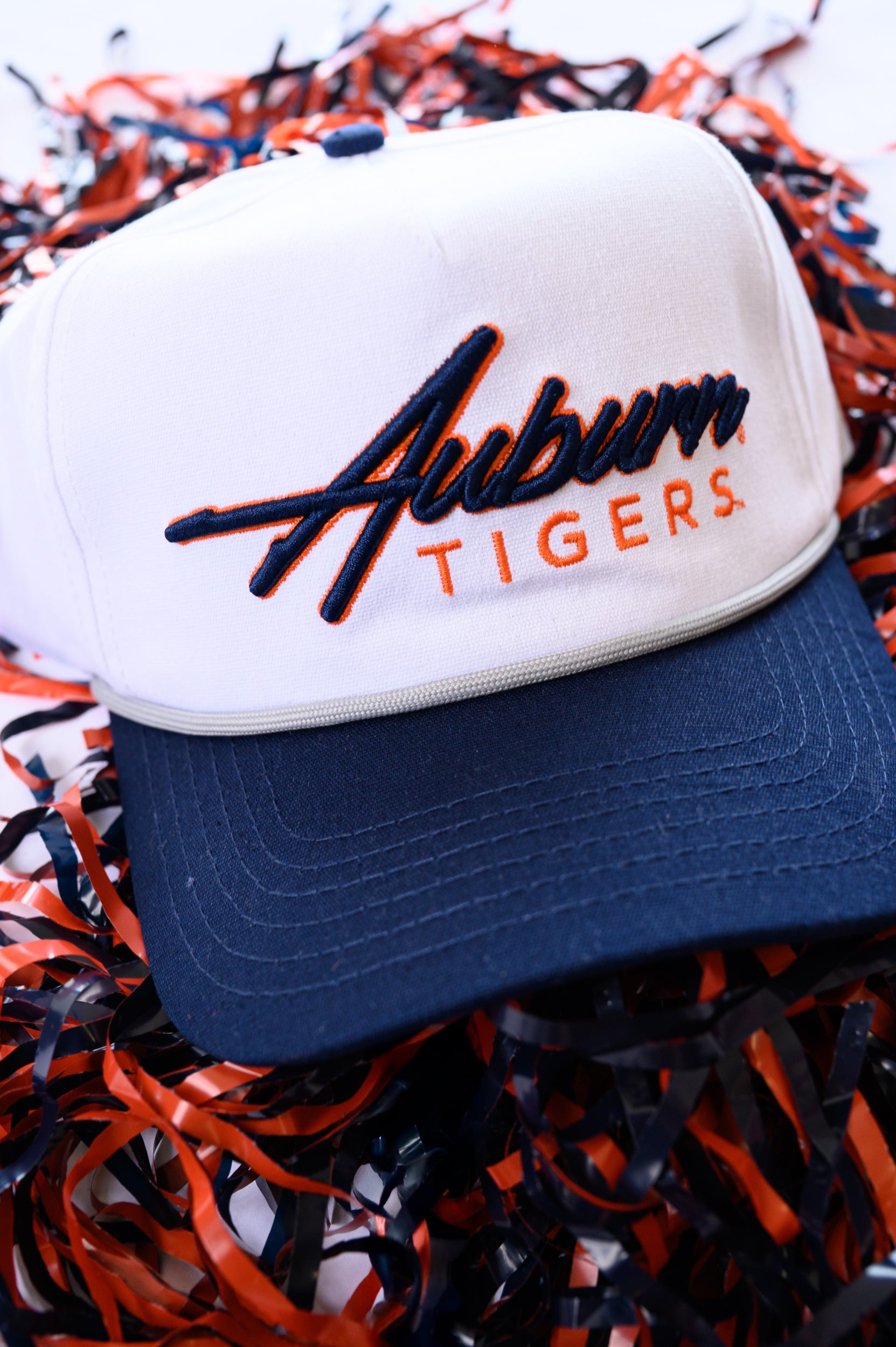 Auburn University White and Navy Hat with Navy “Auburn” embroidery and Orange text “Tigers”