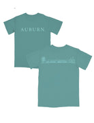 Auburn University Dark Teal T-Shirt with Light Blue Text “Auburn” on the front, and Light Blue sketches of Toomers Tree, Neville Arena, Jordan Hare Stadium, and Sanford Hall on the back