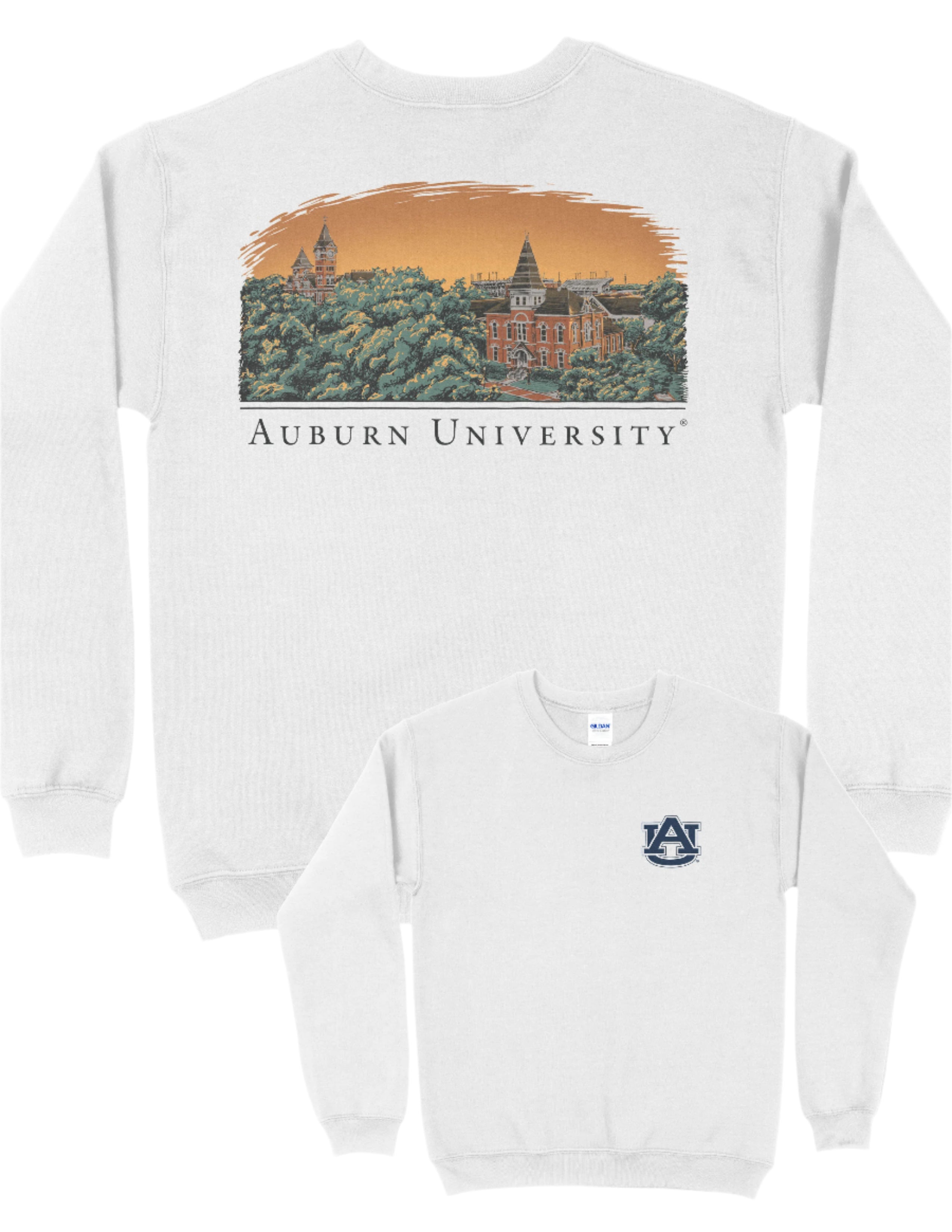 Auburn University Auburn Skyline  White Gildan Sweatshirt with an image of a sun setting on the University above text "Auburn University"