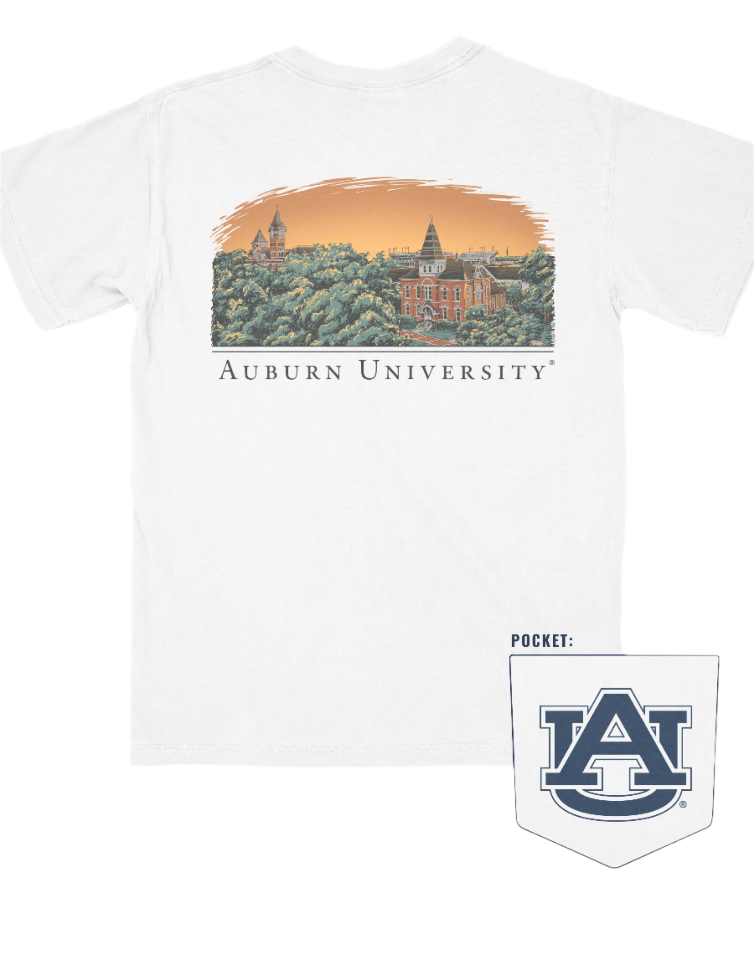 Auburn University Auburn Skyline White Comfort Colors T-Shirt with an image of a sun setting on the University above text "Auburn University"
