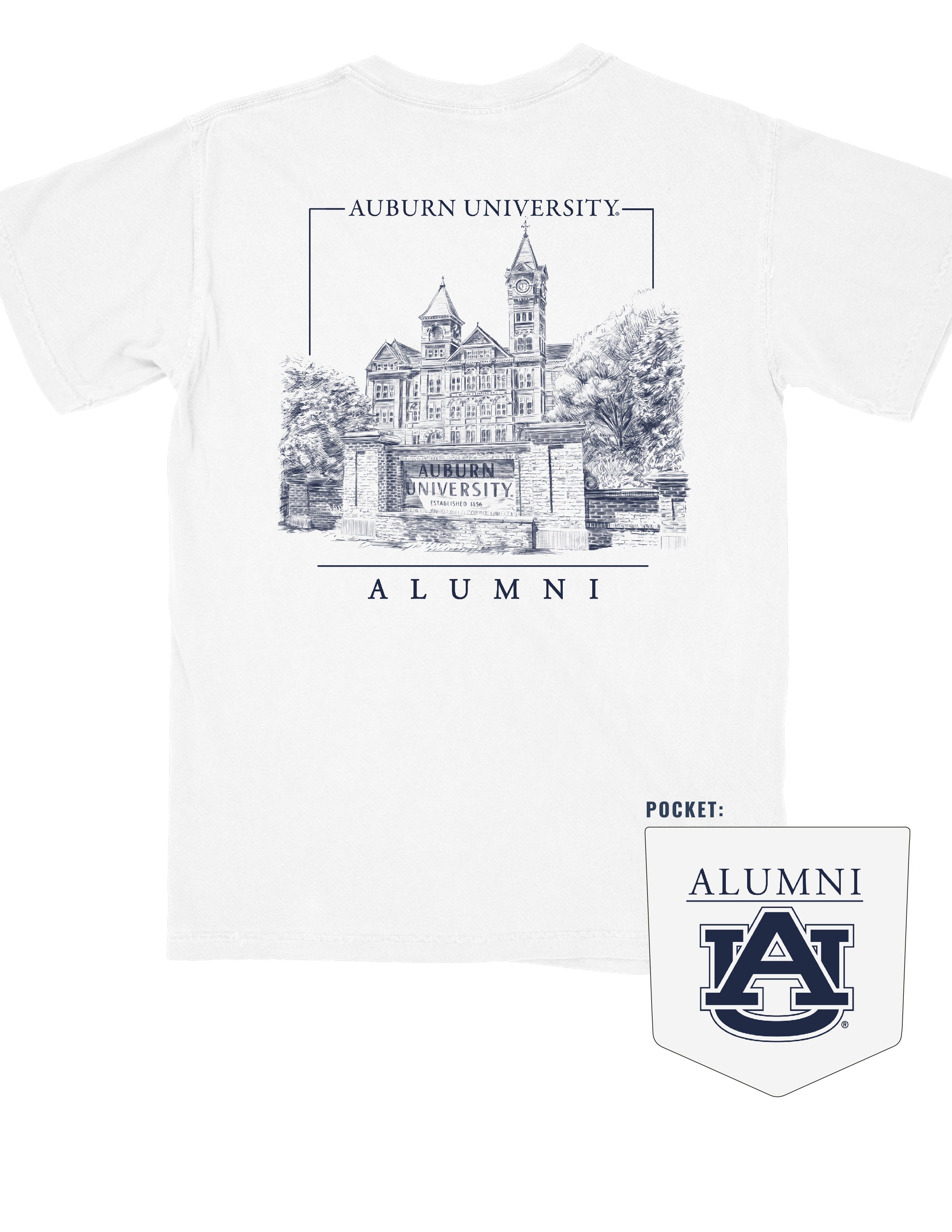 Auburn University White Auburn University Alumni t-shirt with a detailed drawing of Samford Hall on the back.