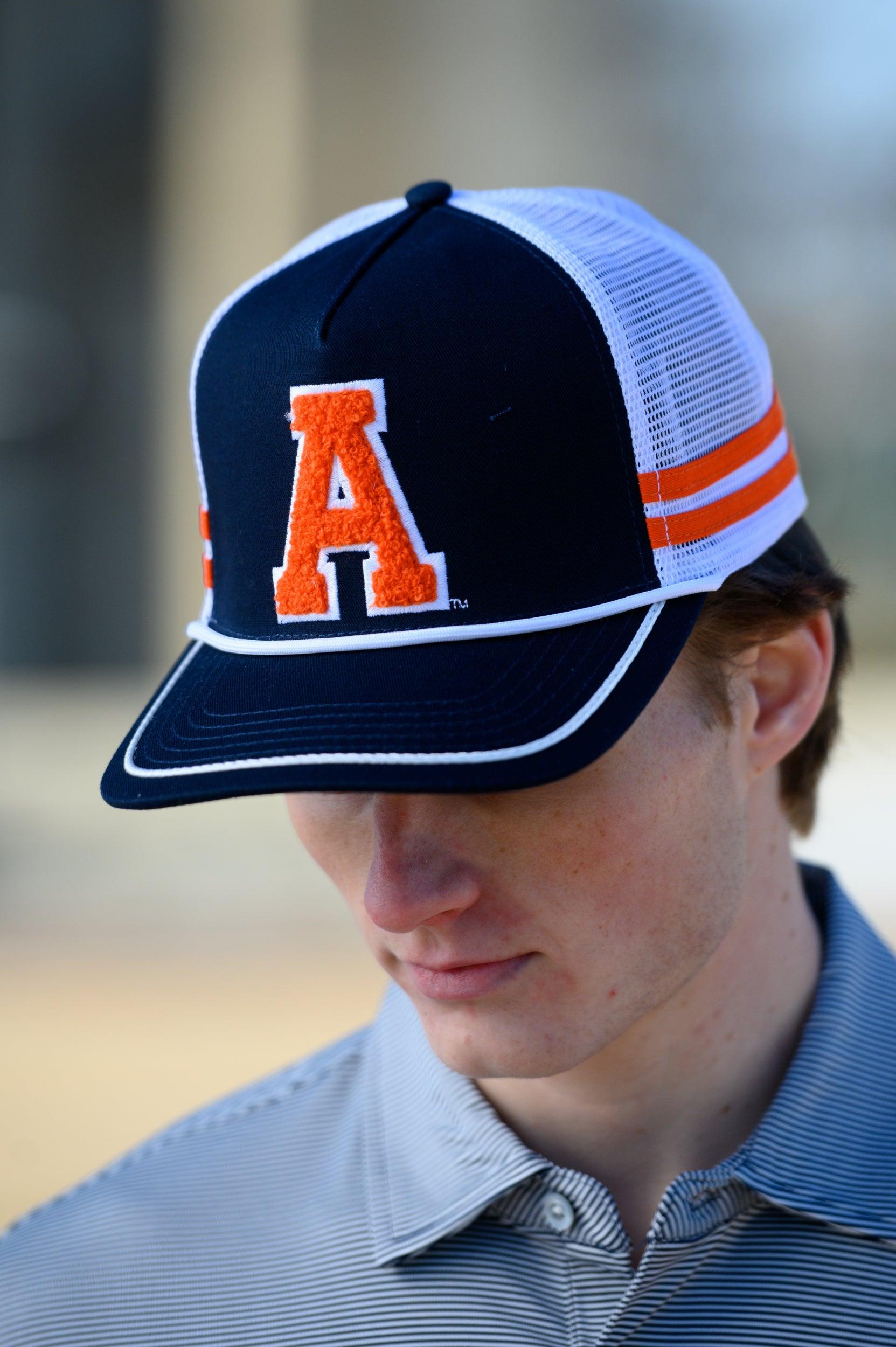 Auburn University Navy and White Trucker hat with Orange stripes and a felt Orange Block A patch.