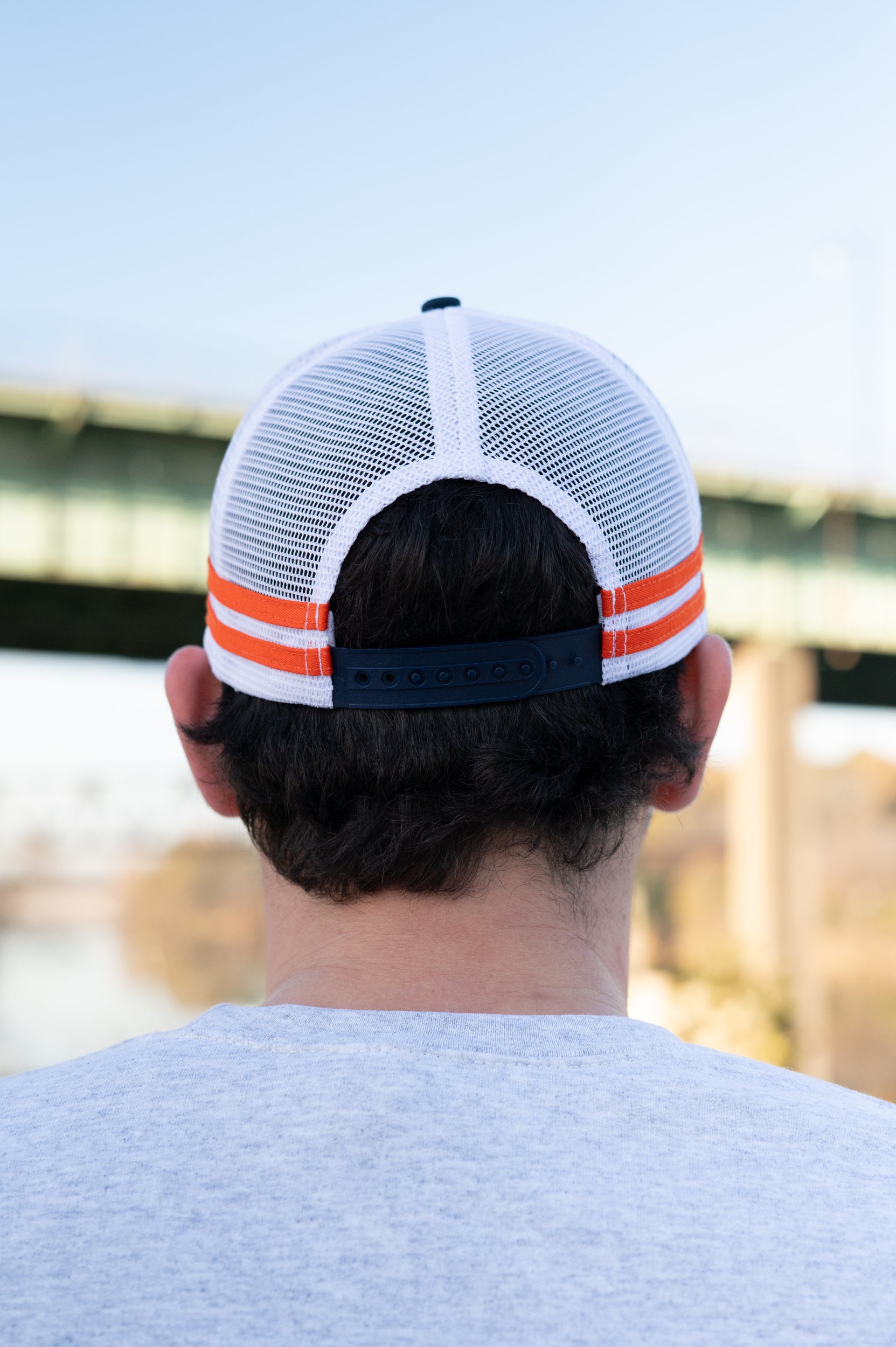 Auburn University Navy and White Trucker Hat with White piping and a fuzzy Orange Block A patch