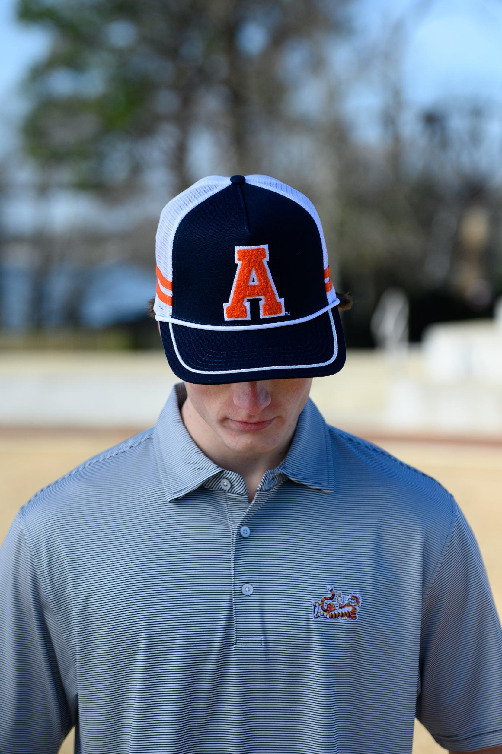 Auburn University Navy and White Trucker hat with Orange stripes and a felt Orange Block A patch.