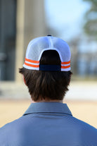 Auburn University Navy and White Trucker hat with Orange stripes and a felt Orange Block A patch.
snapback trucker