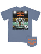 Auburn University Blue Shirt with an image of Aubie walking out onto the field with two football players 