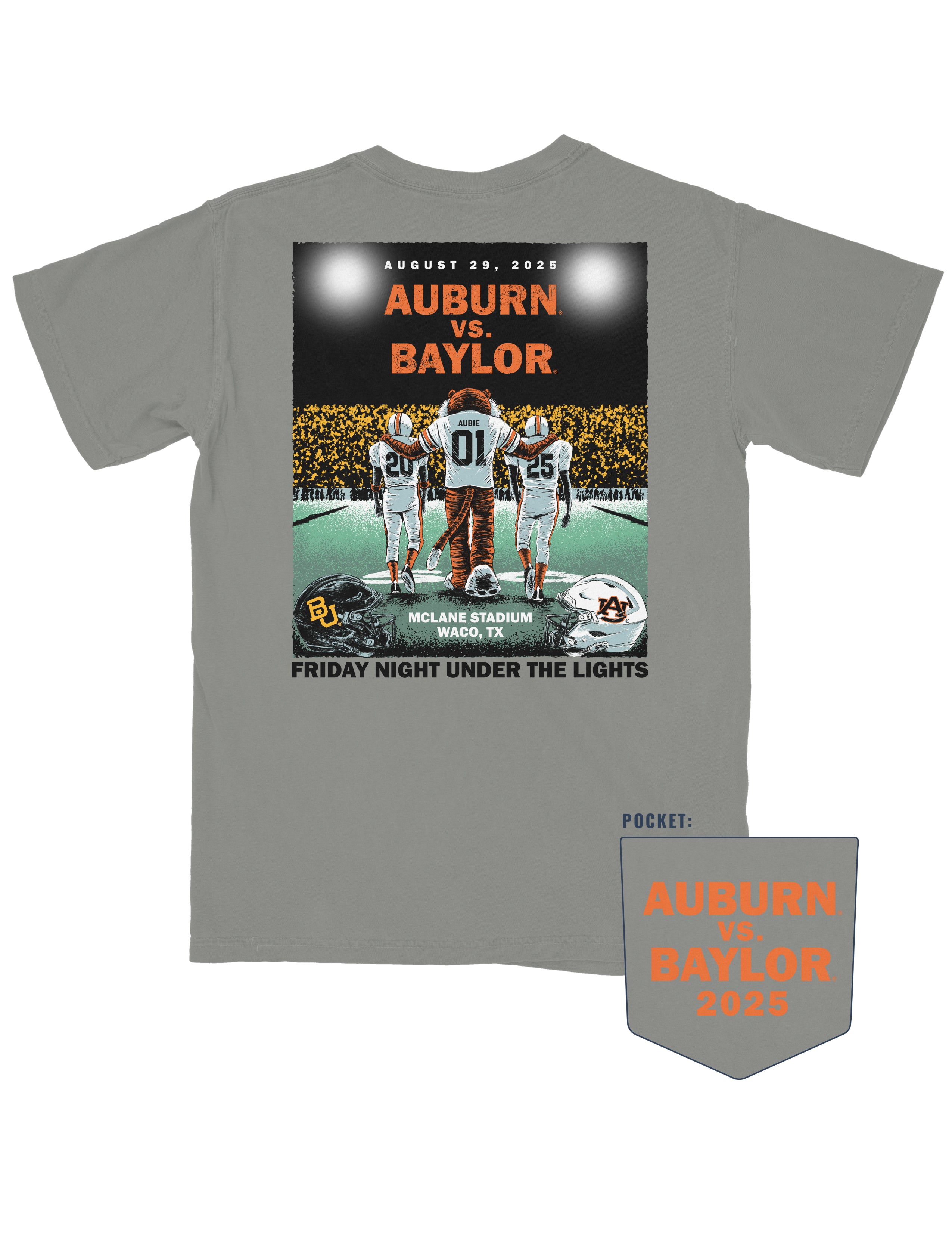Auburn University Grey Shirt with an image of Aubie walking out onto the field with two football players
