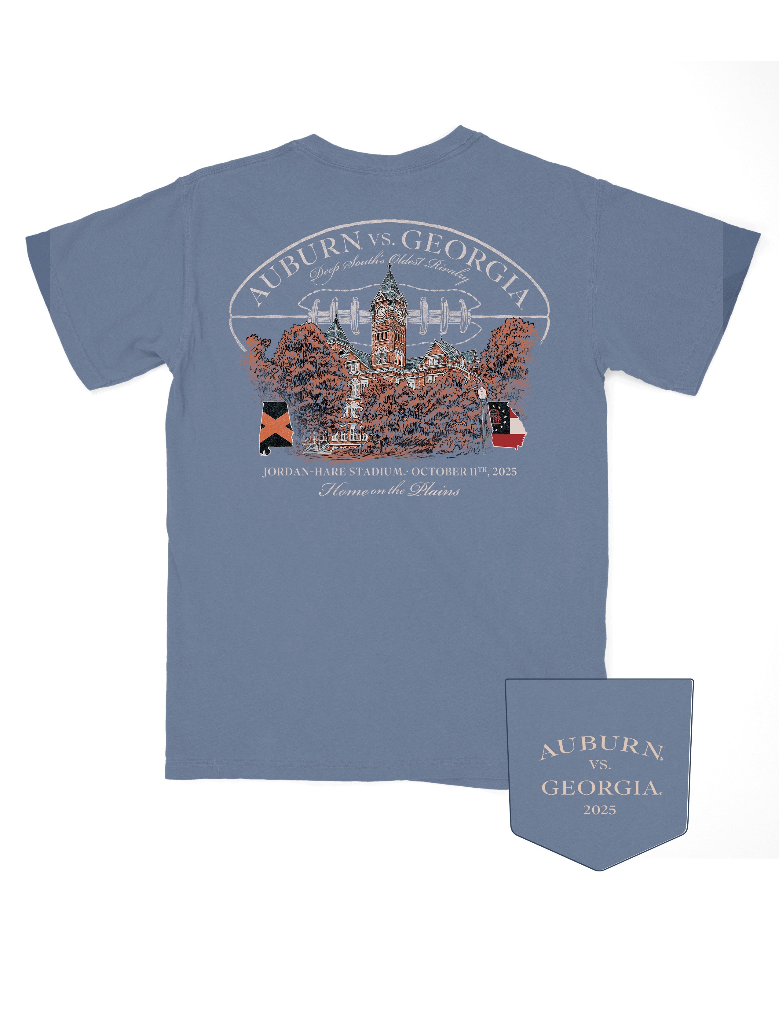 Auburn University Blue Shirt with an illustration of Stamford Hall below text “Auburn vs. Georgia”